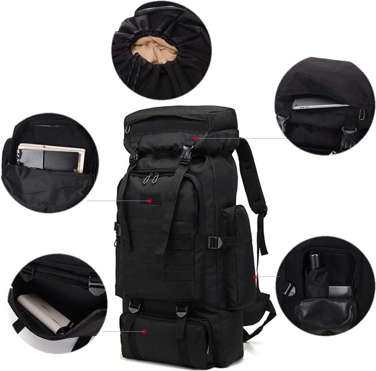 Wandelrugzak – Hiking Backpack – 100L – Zwart – Grote Capaciteit – Veel Vakken – Ideaal voor Outdoor en Trekking