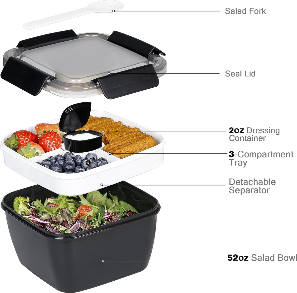 To Go Salad Container Lunchcontainer, BPA-vrij, 3-vaks voor salade toppings en snacks, slakom met dressing container, ingebouwde herbruikbare lepel, magnetron bestendig (zwart)