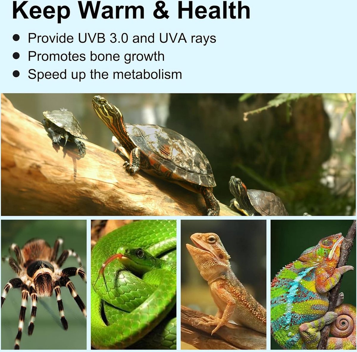 Terrarium Warmtelamp - Clip-on Systeem - Inclusief 2 UVA UVB 25W Zonnespot Gloeilampen - 360° Draaibare Klem - Geschikt voor Aquarium en Terrarium - Ideaal voor Schildpadden, Slangen, Hagedissen - Zwart