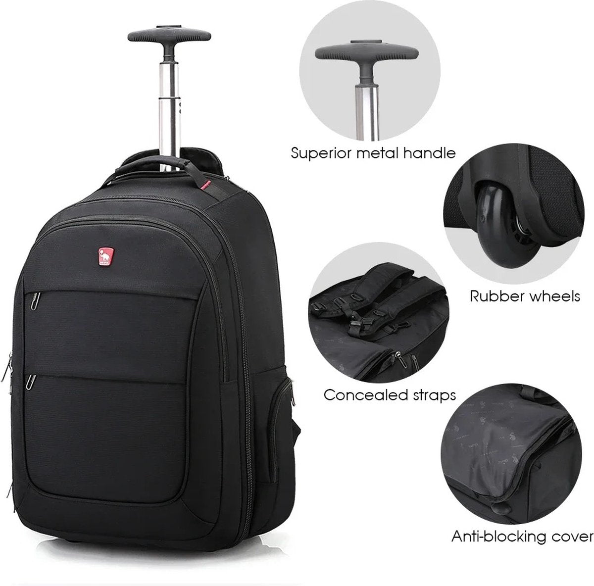 ByLoesje® Trolleyrugzak - Wieltjes - Handvat - Bagage - Zwart - Inhoud 29 liter - Laptopvak