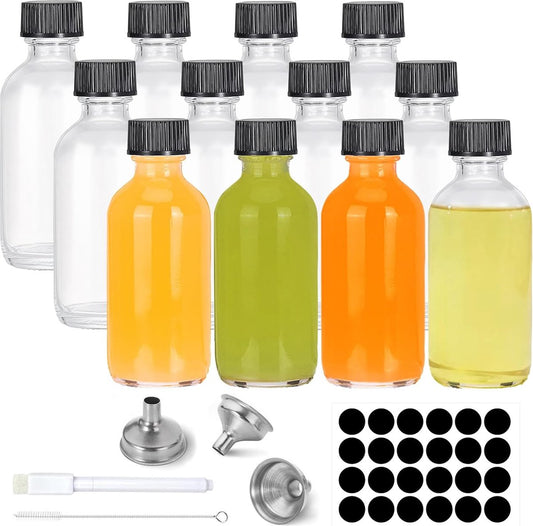 12 borrelflesjes om te vullen, 60 ml, kleine mini-flesjes om te vullen, glazen mini-flesjes met deksel, kleine glazen flesjes, borrelflesjes met trechter voor gember, whisky