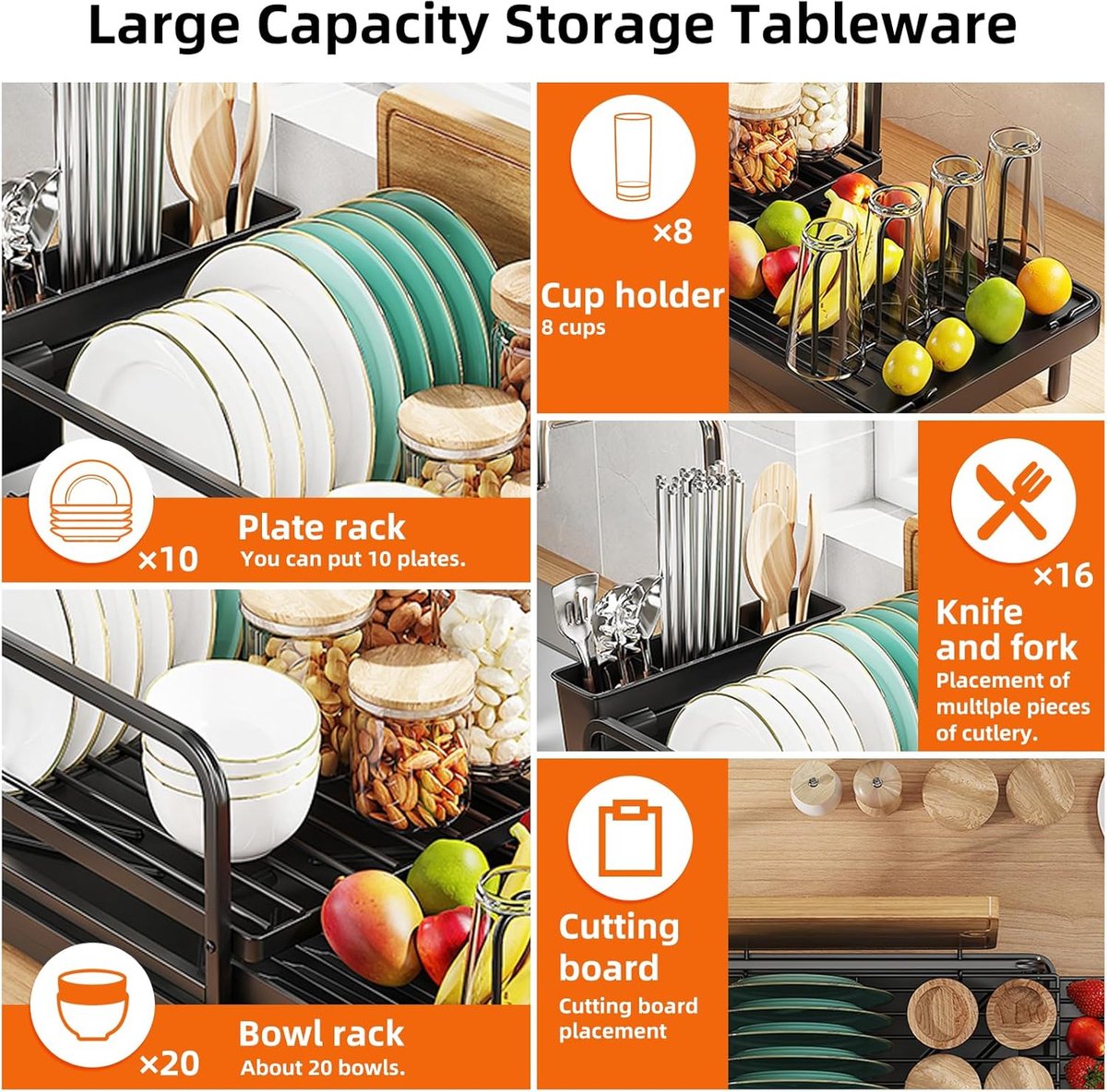 Stainless Steel Kitchen Organizer with Extendable Drying Rack and and Cutlery Holder