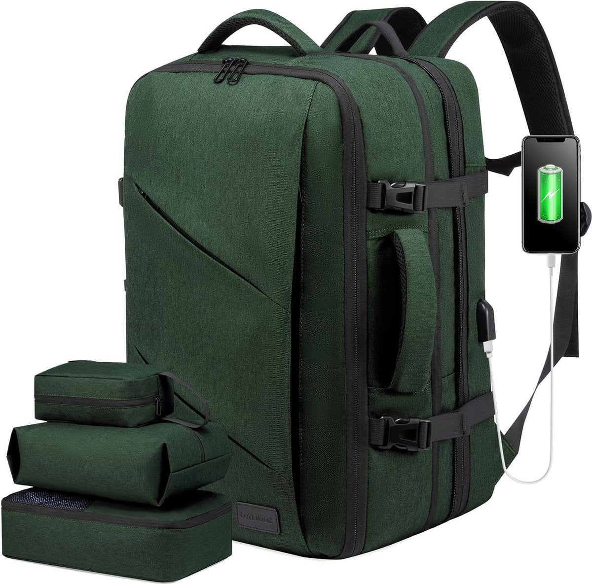 Reisrugzak, handbagage, vliegtuig, zakelijke rugzak, heren, dames, uitbreidbaar, laptoprugzak voor 17,3 inch voor weekends, donkergroen