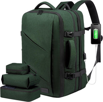 Reisrugzak, handbagage, vliegtuig, rugzak, handbagage, vliegtuig, zakelijke rugzak, heren, dames, uitbreidbaar, laptoprugzak voor 17,3 inch voor weekends, donkergroen