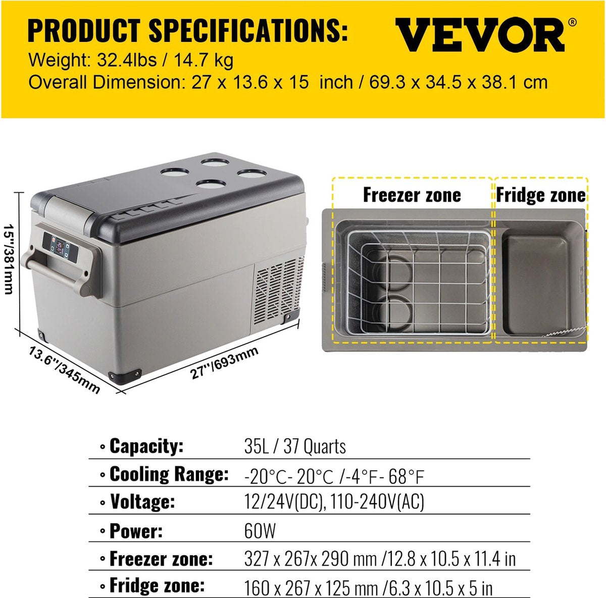 Verkoop Nederland® - 35L - Koelbox Auto - Elektrische Koelbox - Koelkast - Vriezer - Draagbare Compressor Koeler - 12/24V DC 110-240V - Koelbox voor Camping - 60W