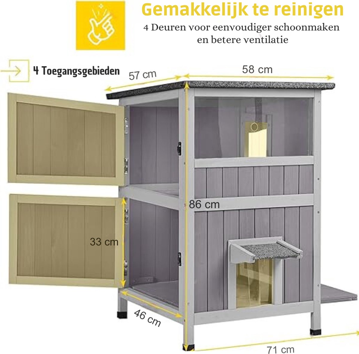 Outdoor cat house - Cat kennel - Cat litter box cabinet - Enclosure - Indoor cat cabinet - Rabbit hutch - 2 Floors - 57 x 55 x 86 cm - Pinewood - Grey