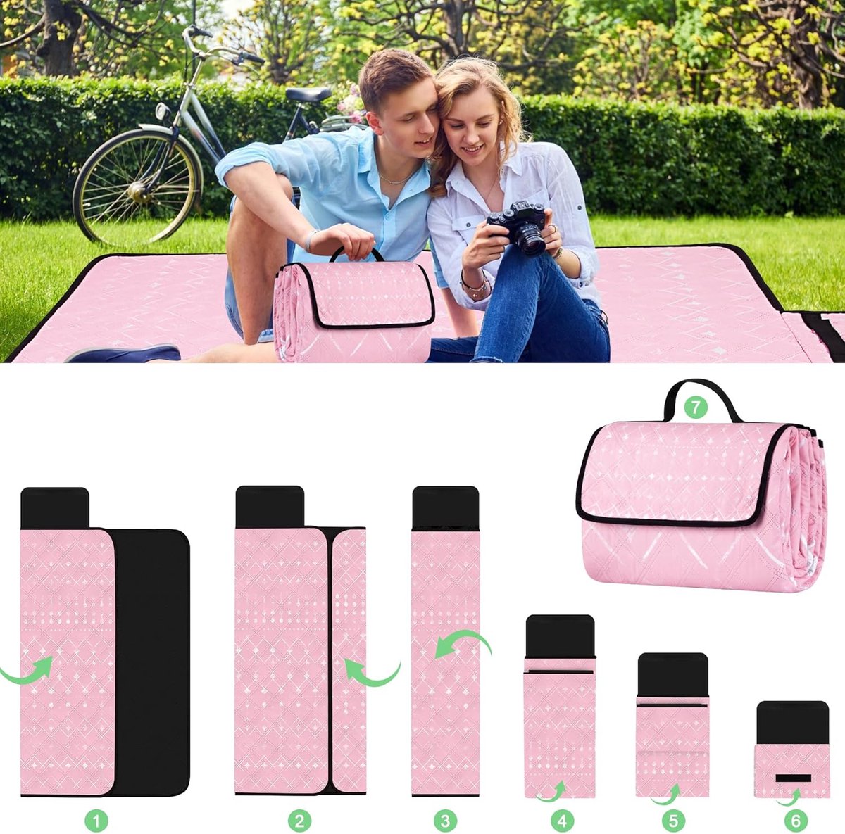 Picknickdeken, waterdicht, 200 x 200 cm, draagbaar, zandvrij, met handgreep, opvouwbaar, wasbaar, outdoor campingdeken voor 4-6 personen in het park, tuin, gazon, BBQ, wandelen, roze geometrisch