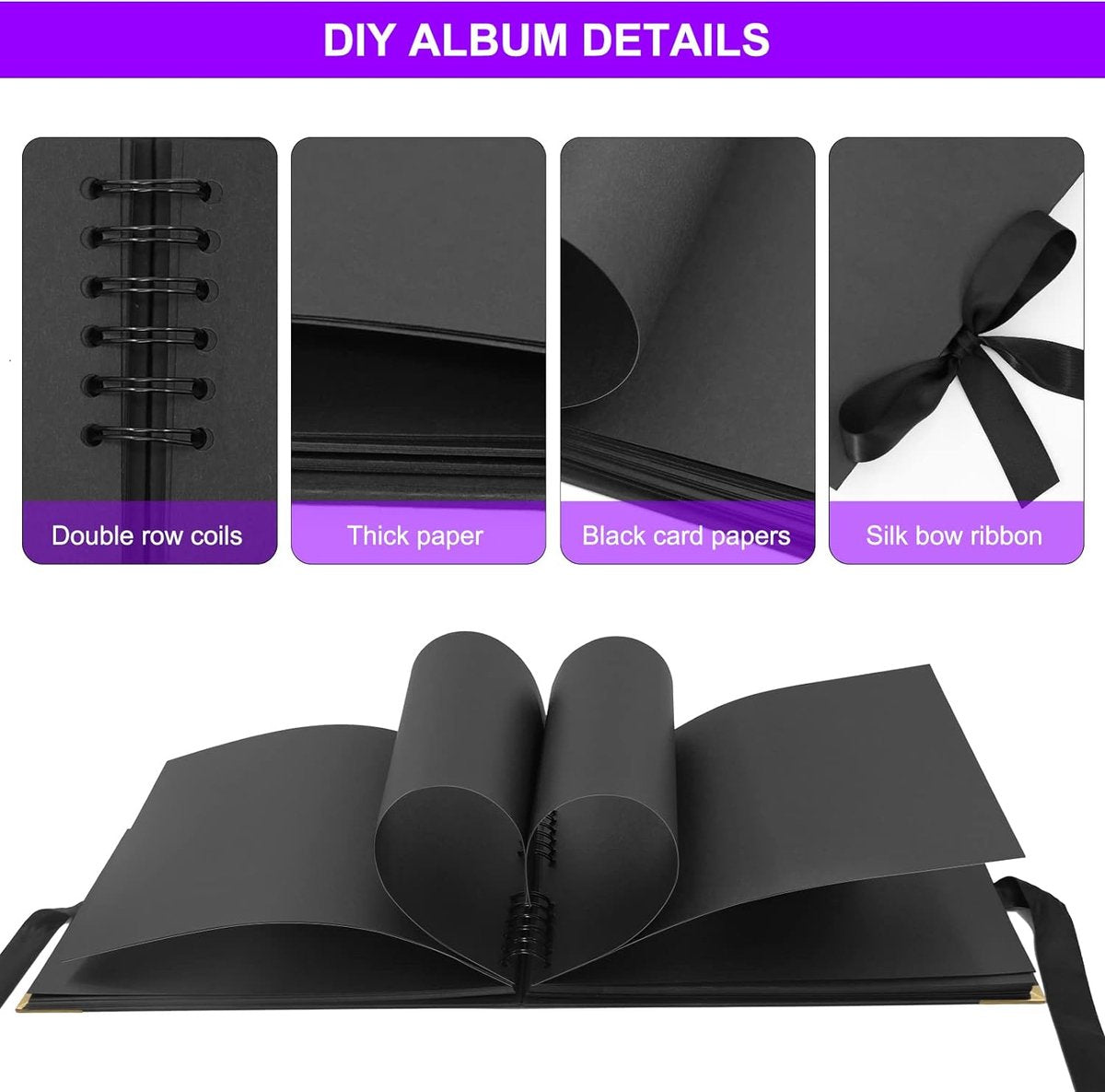 DIY Photo Albums Scrapbook, 80 Pages A4 Handmade Photo Album for Couples with Stickers and Markers for Guest Book, Anniversary, Wedding, Valentine's Day, Black-2 (SB-122)