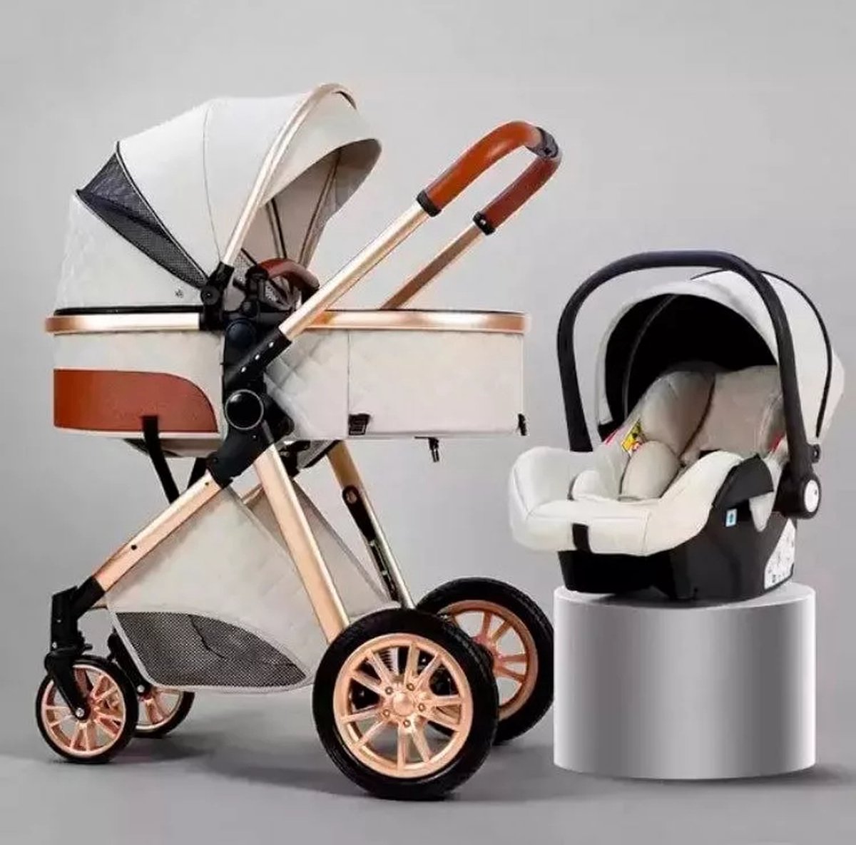 Luxe Multifunctionele 3-in-1 Combi Kinderwagen – Kwalitatieve Buggy – Inklapbare Wandelwagen – Crème – Incl. Autostoel
