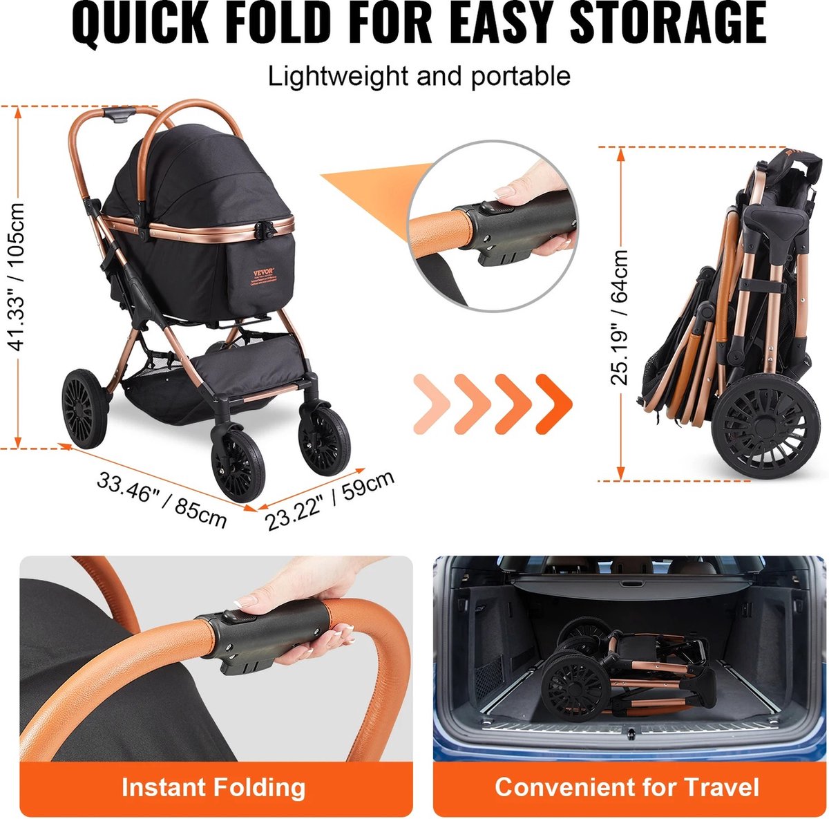 Bealive® Opvouwbare wagen voor dieren - honden en katten - Hondenbuggy - Hondentrolley met Afneembare Drager - Afneembare Drager - Wagen voor middelgrote honden of puppy's - 85x59x105cm - 10.1kg - Gewichtscapaciteit van 30kg