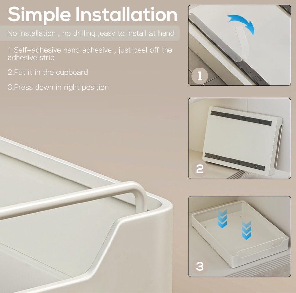 Telescopic drawer, pull-out drawer 40 cm kitchen, pull-out drawer kitchen cabinet, beige telescopic drawer for retrofitting without drilling, pull-out cabinet organizer (40 cm wide)