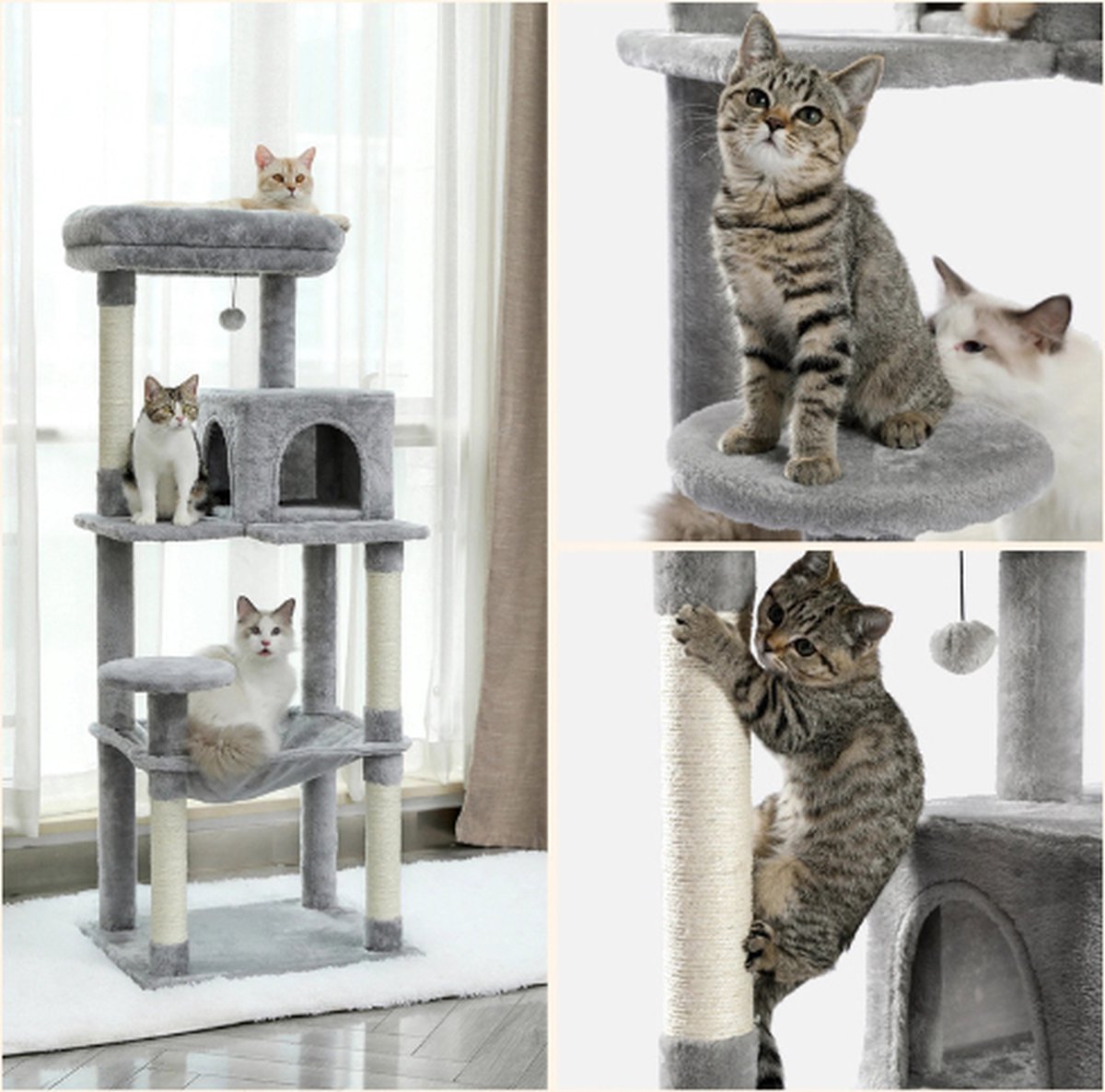 Rakmishop - Cat Tree - 5-Story - Cat Tower - Cat Post - Cat Pole for Large Cats - Scratch Tower - 143x50x45 cm - Gray