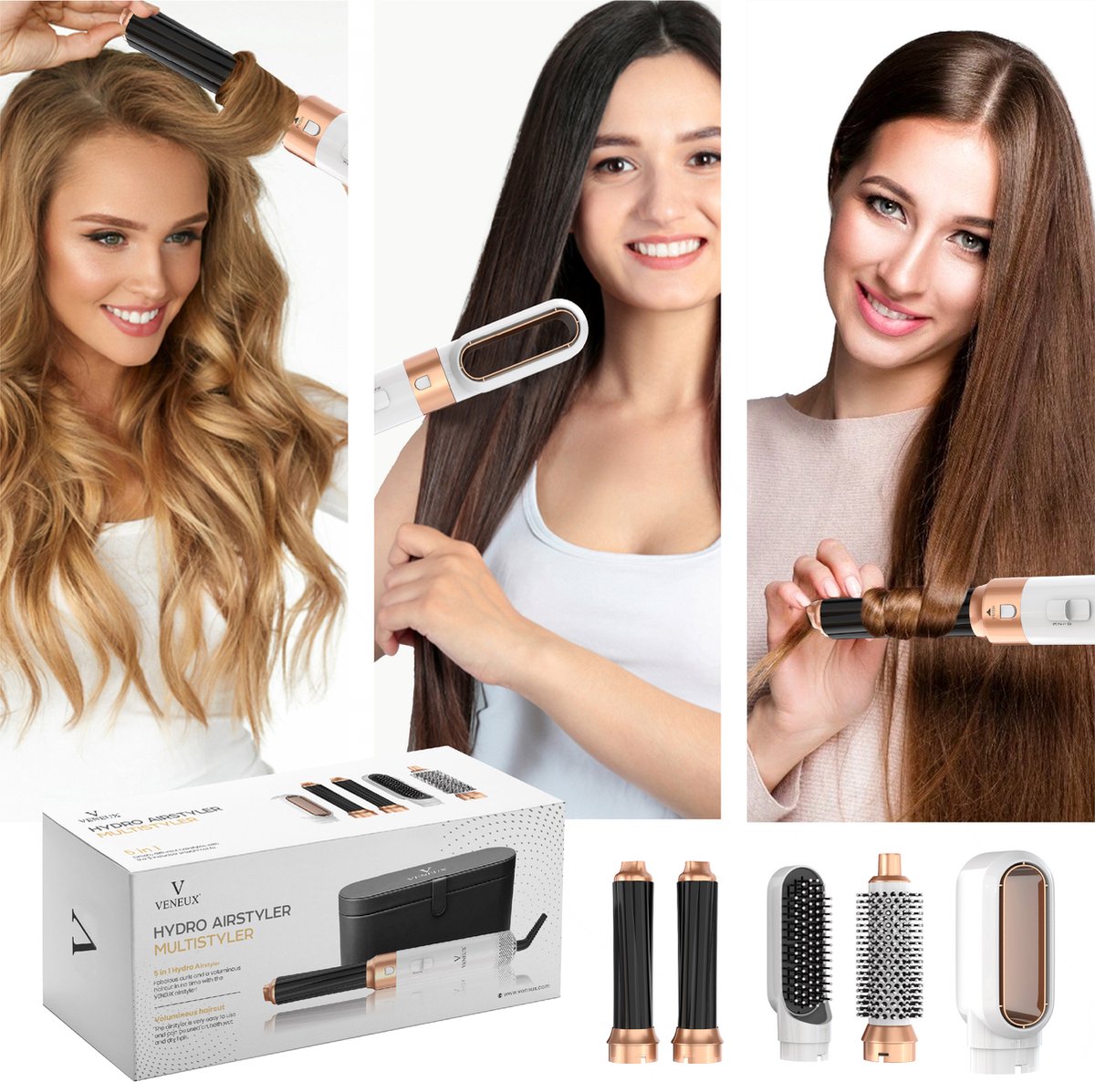 VENEUX® Föhnborstel - Airstyler - Krulborstel - Krultangen - 5-in-1 Multistyler - Met Opbergcase - Wit