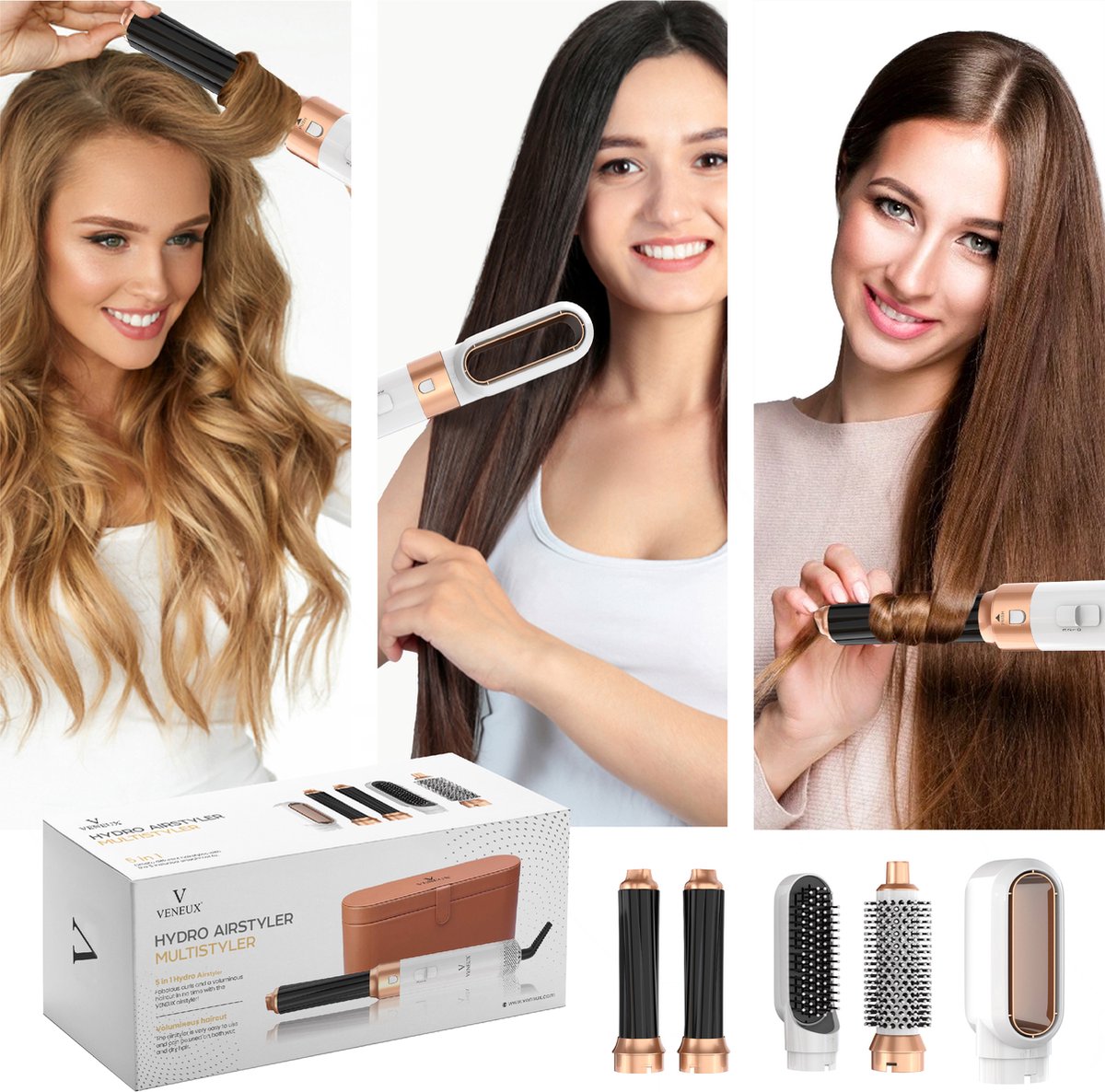 VENEUX® Föhnborstel - Airstyler - Krulborstel - Krultangen - 5 in 1 Multistyler - Met Opbergcase - Wit
