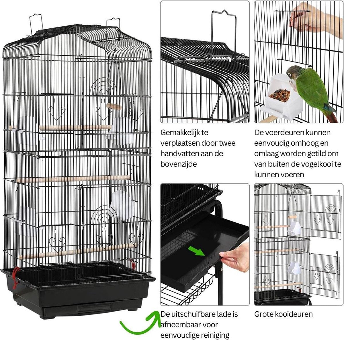 Luxury Parrot Cage - Parakeet Cage - Large Bird Cage - for Indoors - on Wheels - Including Toys - With Bird Bath - 46x36x160cm - Black - Steel
