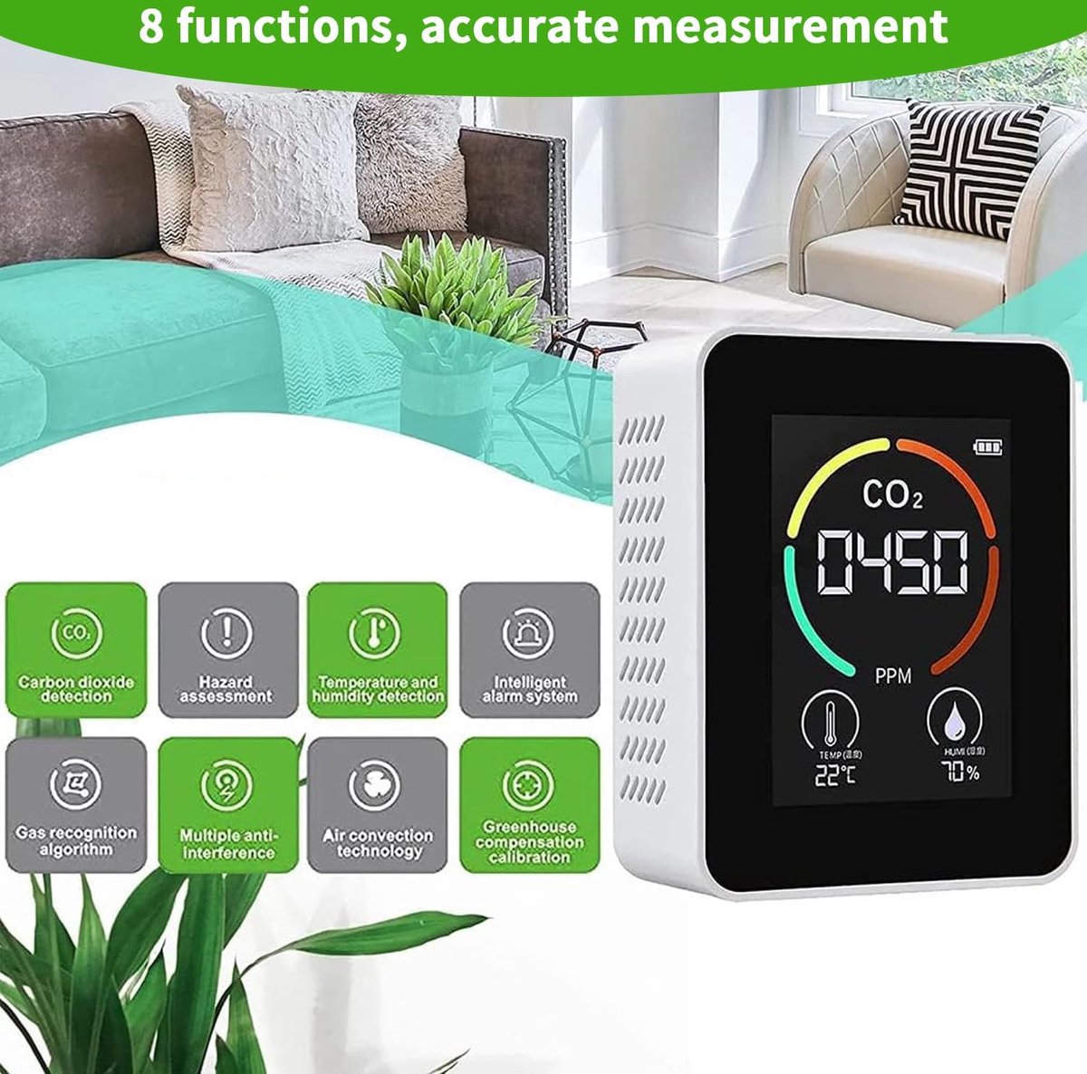 3-in-1 CO2-meter met temperatuur- en vochtigheidsweergave luchtkwaliteitsmeter 400-5000 PPM - voor slaapkamer, auto, kantoor