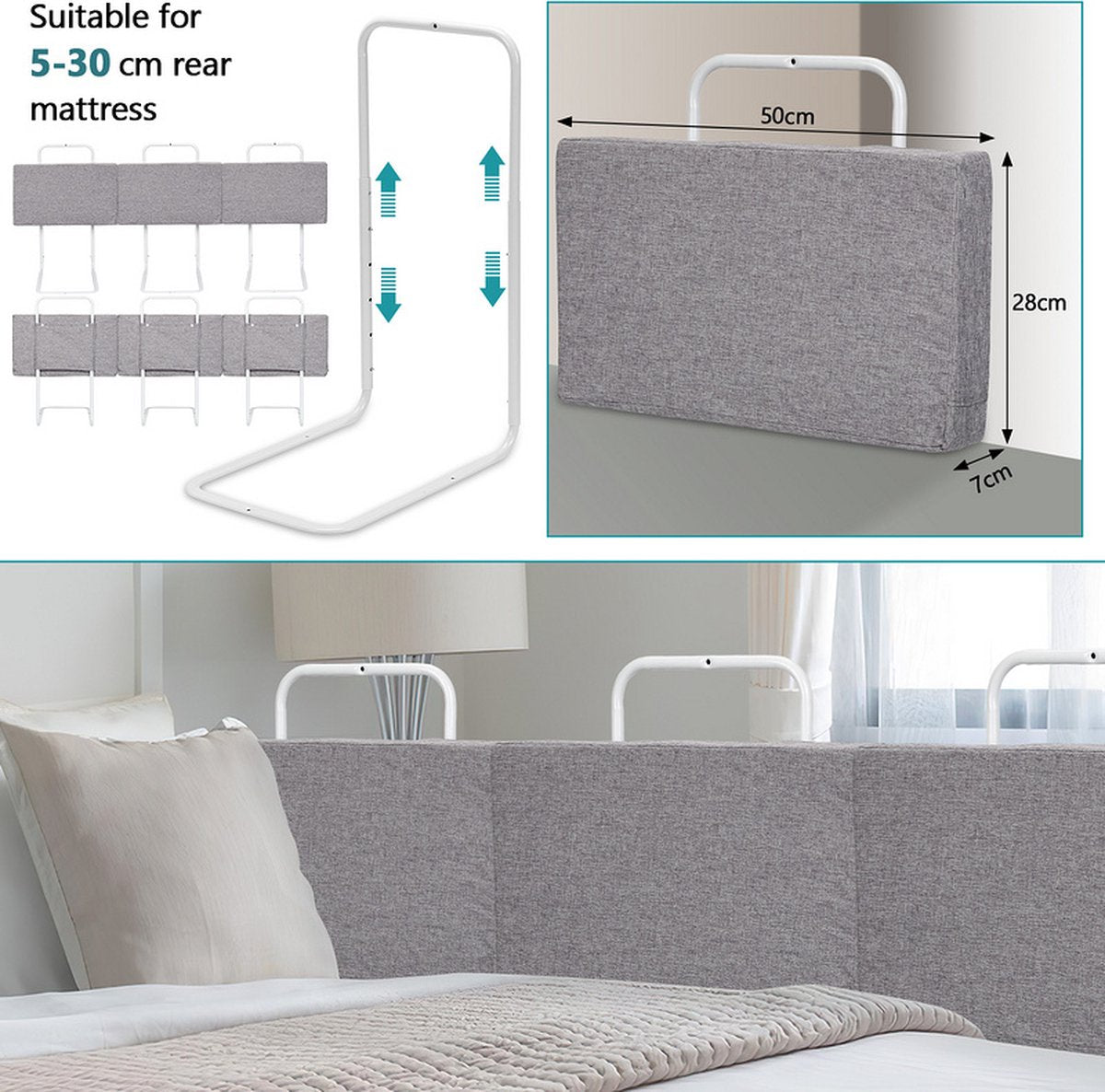 4x50cm (200cm) Kinderbedhek Babybed In hoogte verstelbaar Bedhek Grijs L:50cm H:28cm