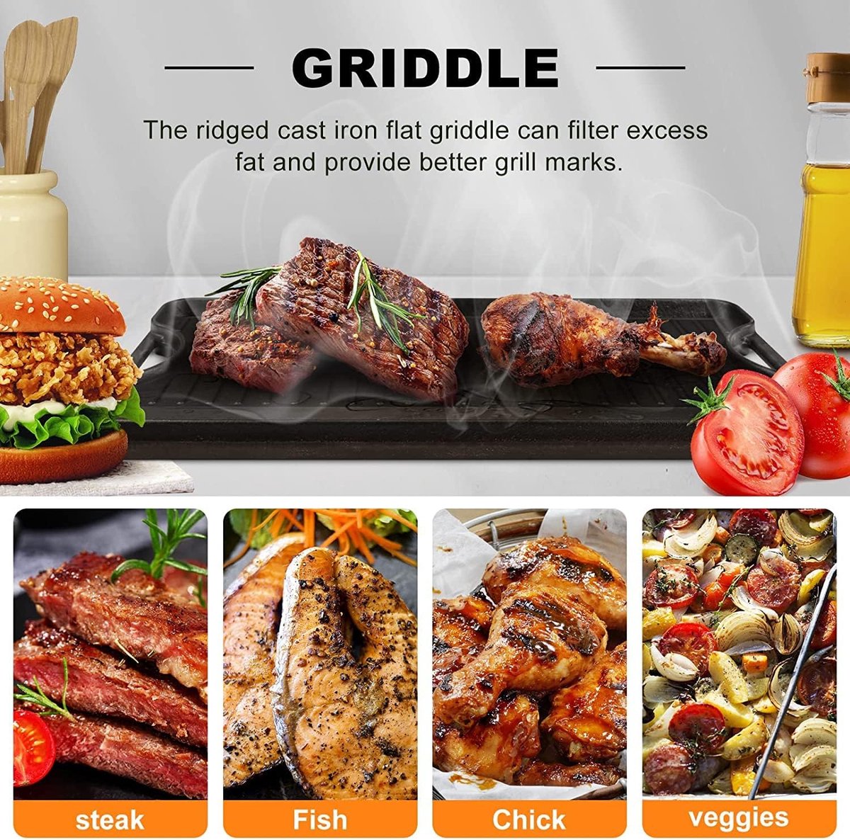 Gietijzeren antiaanbak grillplaten 50,8 x 26,5 cm voor oven, fornuis en grill, dubbelzijdige gietijzeren grillplaat met groeven en gladde roosterzone, roosterplaat.