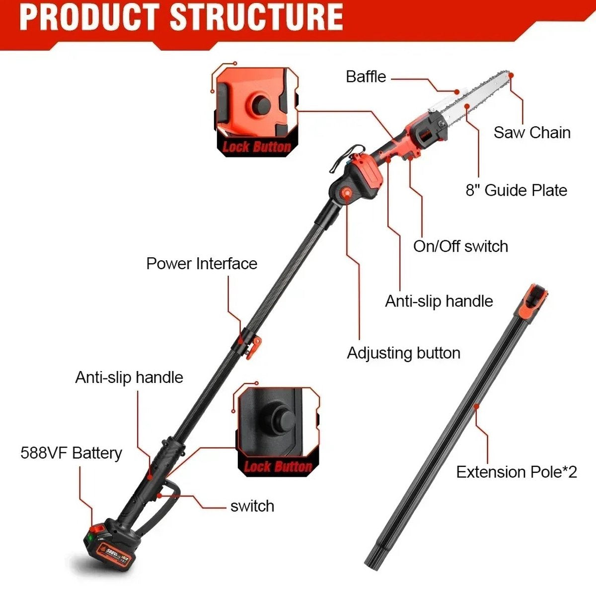 Eszenzics™ Krachtige Telescopische Kettingzaag - Incl. 2x Accu 18V - 4500W - Borstelloos - Verstelbare zaaghoek - Tot 30 cm doorsnee - Snoeien - Zagen