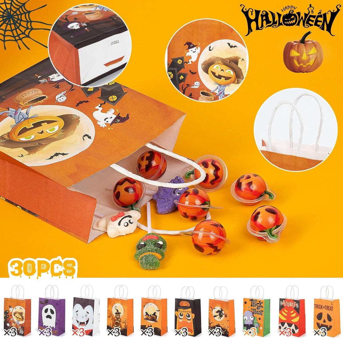 30 PCS Trick or Treat Bags - Halloween Treat Bags with Handles for Kids - Kraft Goody Gift Paper Bags - Gift Wrapping - Halloween Party Supplies