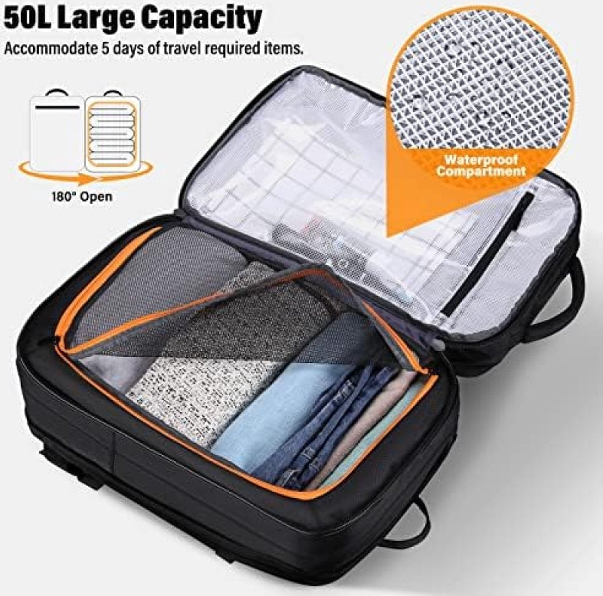 Handbagage, reisrugzak, uitbreidbare rugzak, 38 tot 50 liter, 17,3 inch laptoprugzak, heren, dames, handbagage, vliegtuig, opvouwbare reistas, rugzak, grote reistas, X-Large, Vakantie