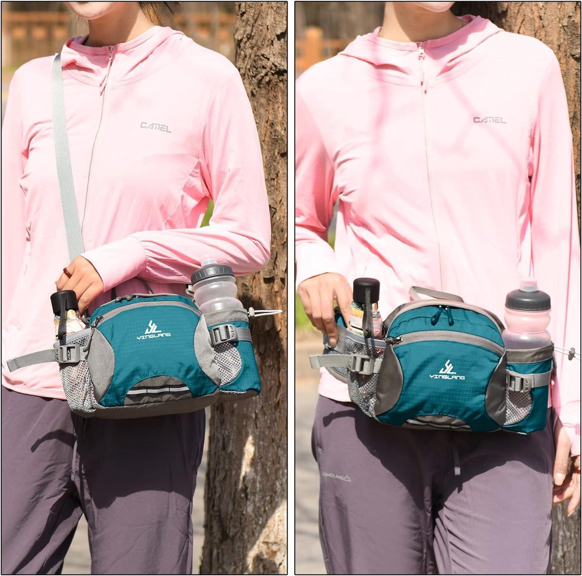 Waterproof hip bag with water bottle holder - large capacity - dog walking - travel - sport - Blue L