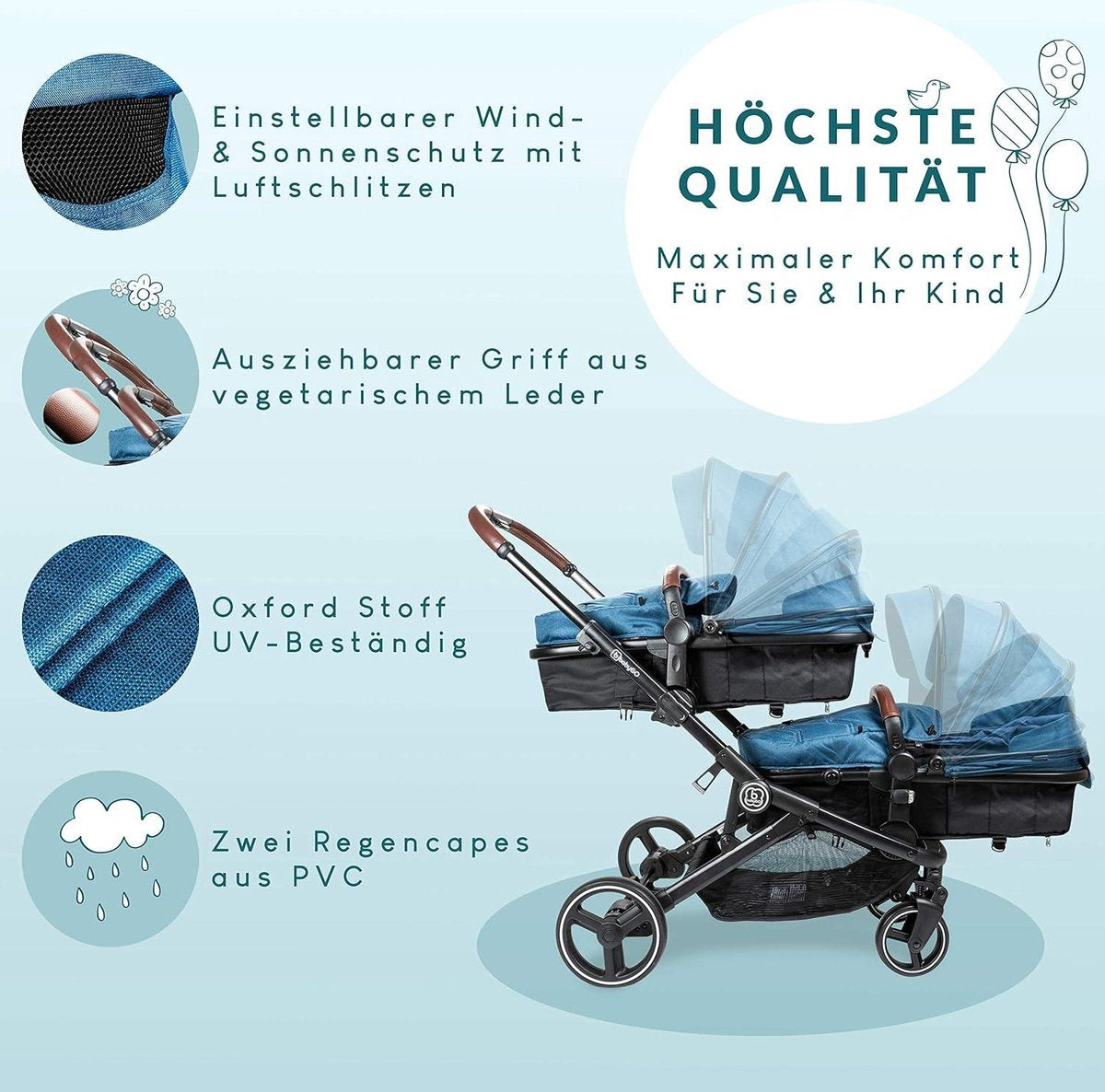 3-in-1 Duo kinderwagen voor tweelingen - Baby's en kinderwagen voor broers en zussen - Tweelingwagen voor 2 kinderen met accessoires - Blauw melange (exclusief babyzitje)