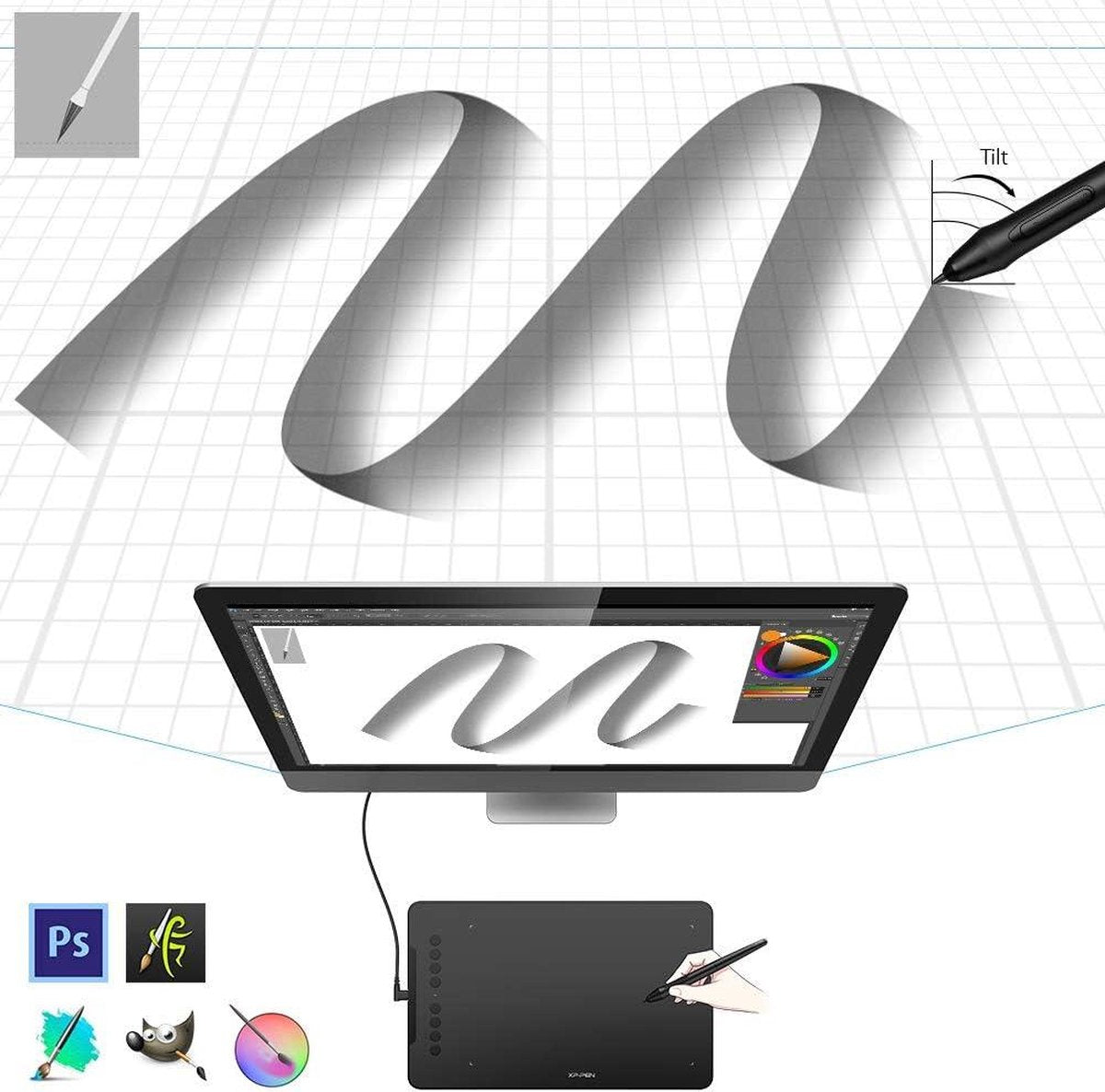 Grafisch tablet XP-PEN DECO01V2 - tekentablet 10 x 6 inch - passieve pen - 8192 drukniveaus - kantelfunctie - 8 sneltoetsen - Windows/Mac OS/ChromeBook/Android. Bamboo Pen