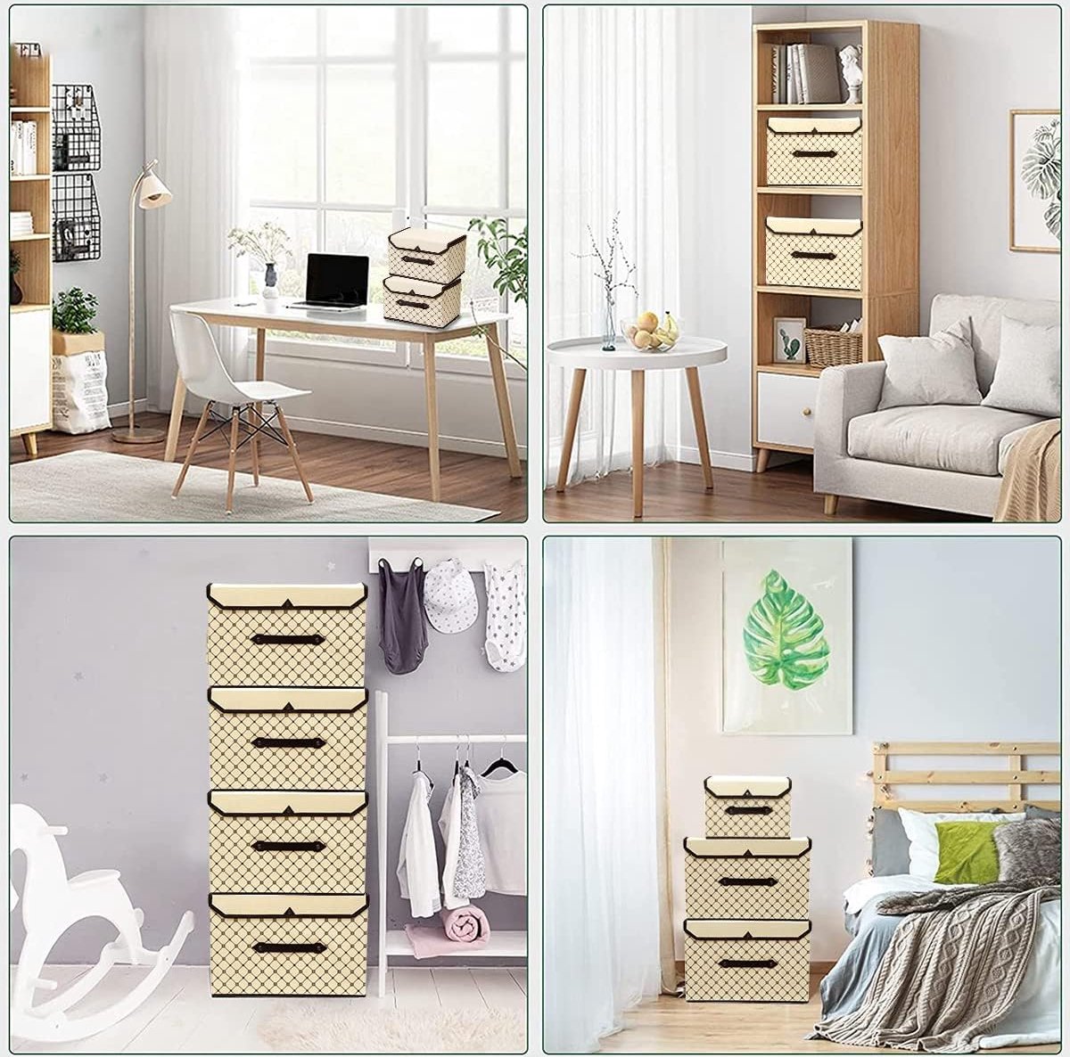 Storage box with lid, fabric, 4 pieces, foldable storage boxes for wardrobe, clothes, toys, books, cosmetics (beige plaid)