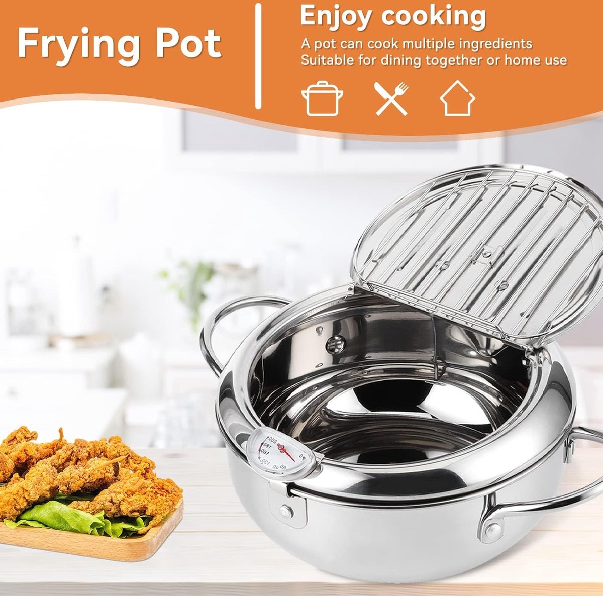 RVS Frituurpan, Japanse stijl Tempura Fryer Pot met frituurthermometer en deksels (S)