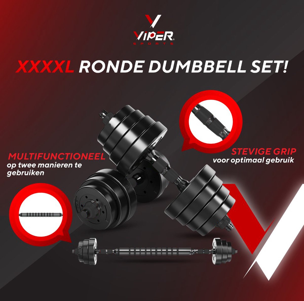 Viper Sports Adjustable Dumbbell Set up to 30 kg - Dumbbell Set - Professional 2-in-1 Dumbbell Weight Set - User-Friendly Fitness Bar - Dumbbell - Black