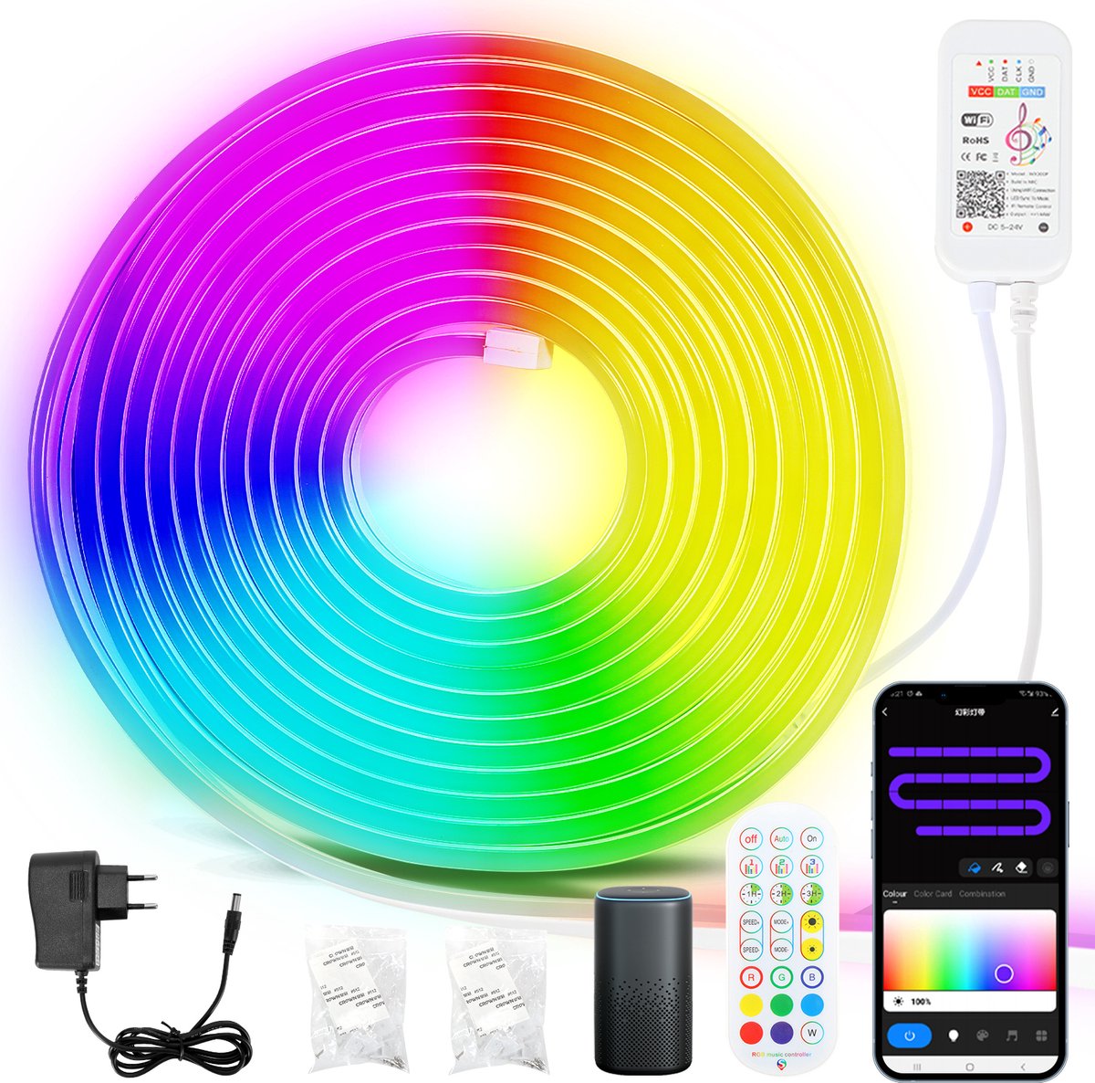 Neon LED Strip RGBIC 10 (2x5m) Meter - 3535 Lichtstrip IP65 Voor Buiten LED Verlichting - Met App En Afstandsbediening - Smart LED-strip - Volledig Dimbaar - Compatibel met Google Home, Amazon Alexa En Siri