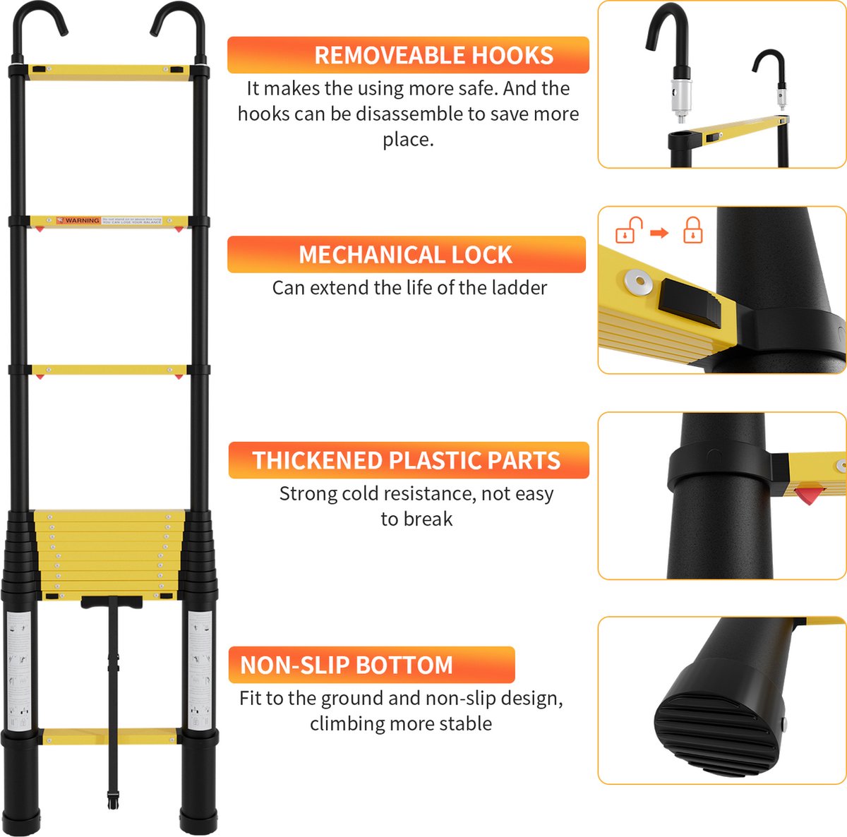 Telescopische Vouwladder - Telescopische Ladders Alu-3,8m Eénknops retractie - Met haak - Geel zwart