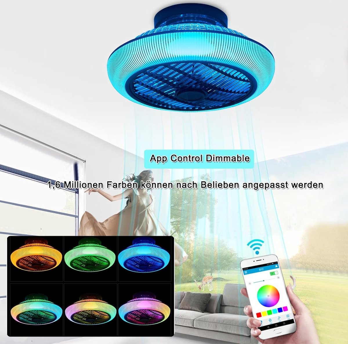 LuxiLamps - RGB Smart Plafond Ventilator - Met Speaker - Dimbaar Met Afstandsbediening En App - Muziek Plafondventilator - 46 cm - Woonkamerlamp - Moderne lamp