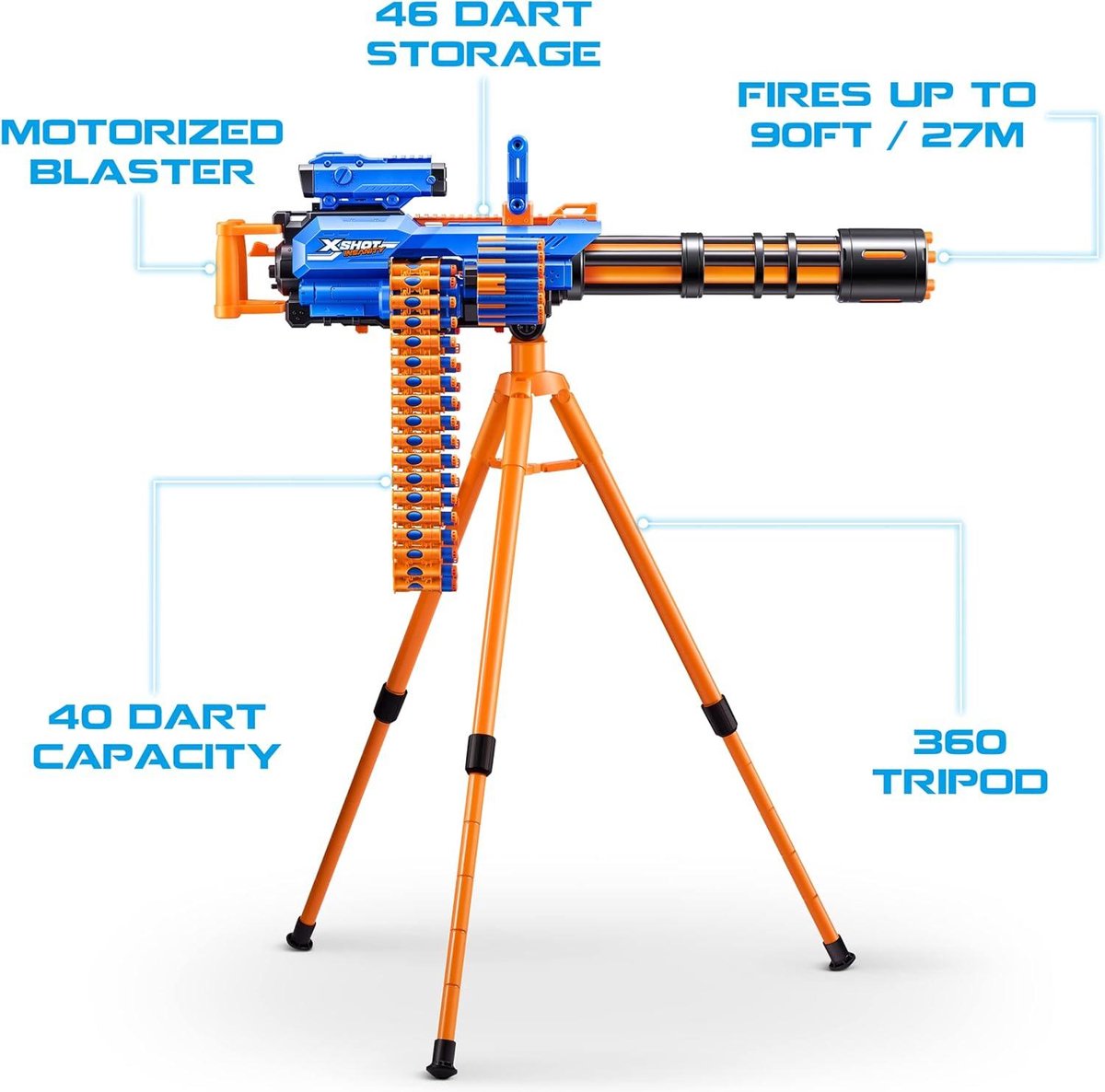 Insanity Gemotoriseerde Rage Fire Blaster met 72 Darts - X-Shot Air Pocket Technologie - Dartopslag - Automatische Aanvoerband - Statief en Scope