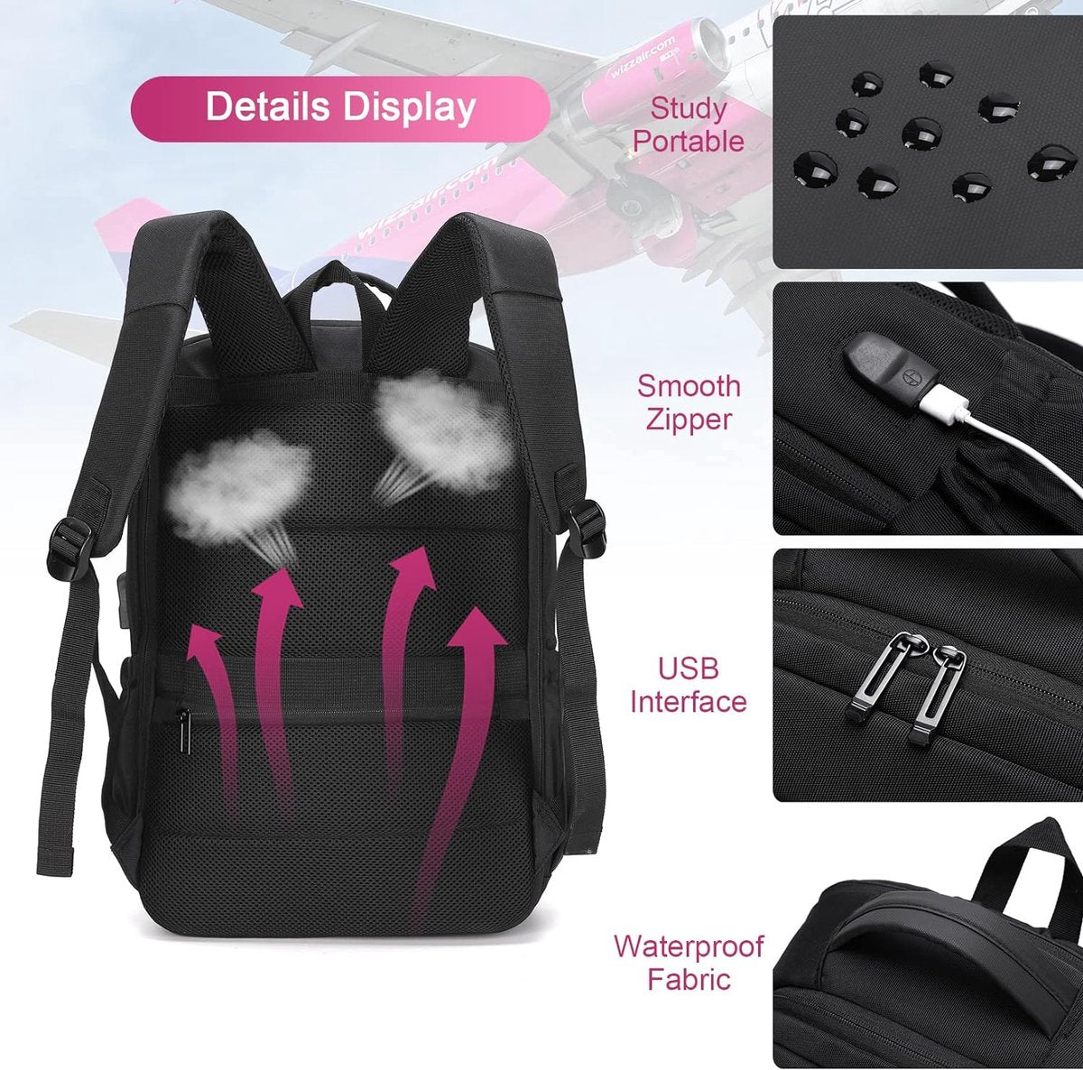 risetas Ryanair Cabine, maximale grootte, uitbreidbaar, rugzak, reizen, cabine, vliegtuig, waterdicht, Oxford, laptoptas 15,6 inch, met USB-oplaadpoort, 40 x 30 x 20 cm Wizzair Oxford, Cabine