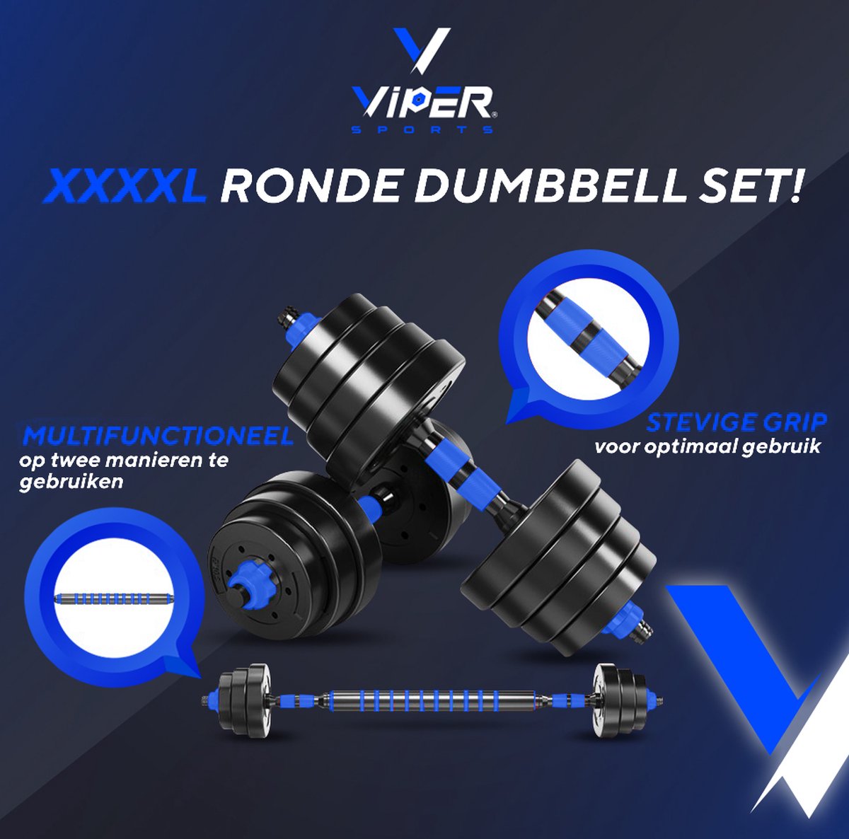Viper Sports adjustable dumbbell set up to 30 kg - Dumbbell set - Professional 2-in-1 dumbbell set weights - User-friendly fitness bar - Dumbbell - Blue