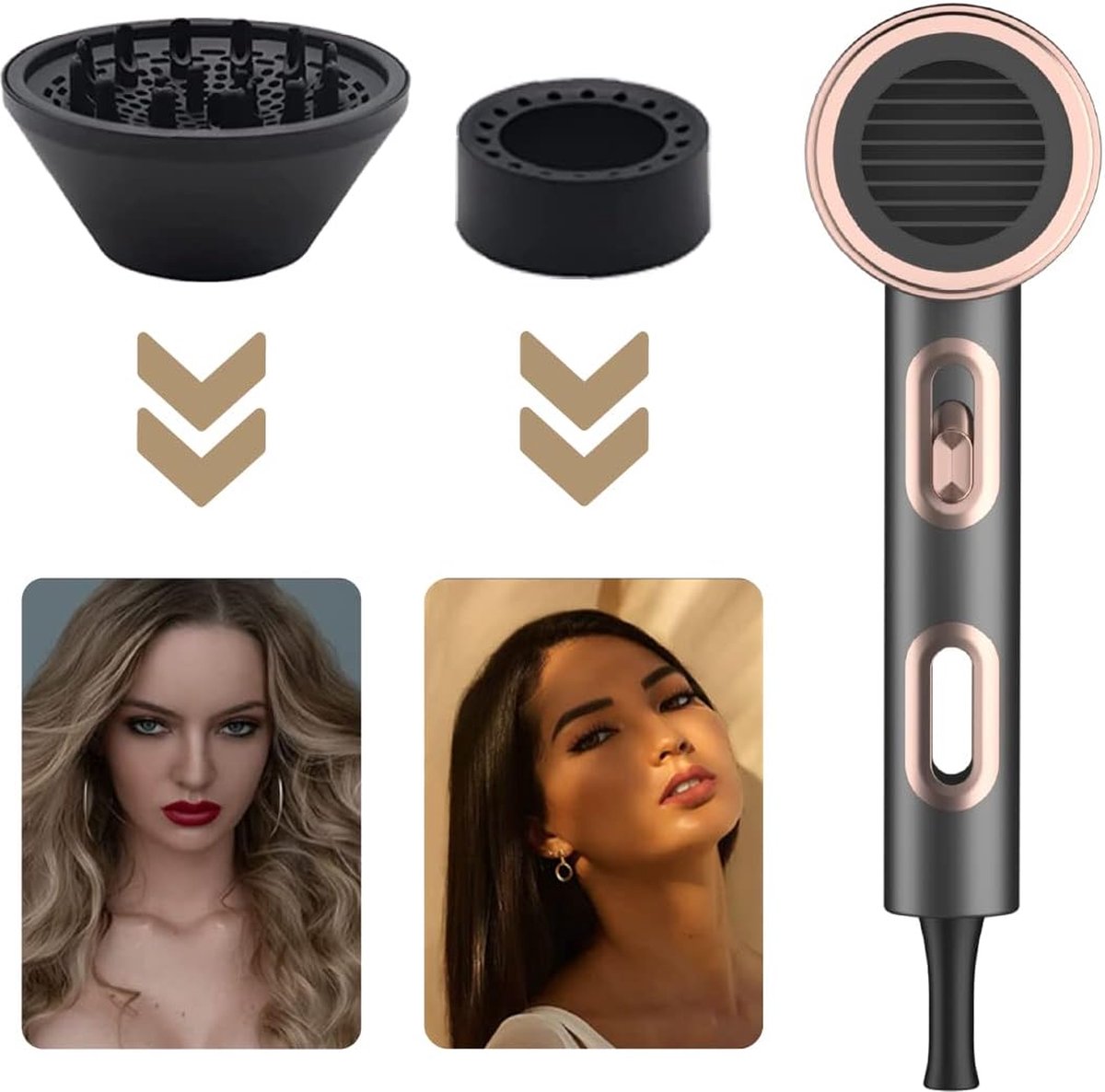 Professional Hair Dryer with Diffuser - Incl. 2 Nozzles - Hair Dryer with Negative Ions - 2 Speeds - 2200W - Protect Hair & Keep Shine