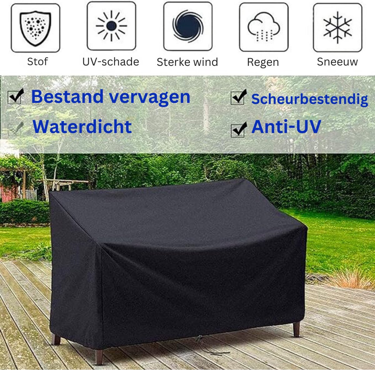 3-zits Tuinbankhoes - Waterdicht - Winddicht - UV-Bestendige Tuinbankhoes (163 x 66 x 63/89 cm) - Zwart - 210T - Polyestervezels - Beschermhoes voor Tuinbank - Ademende Tuinmeubelen - Zitbankhoes