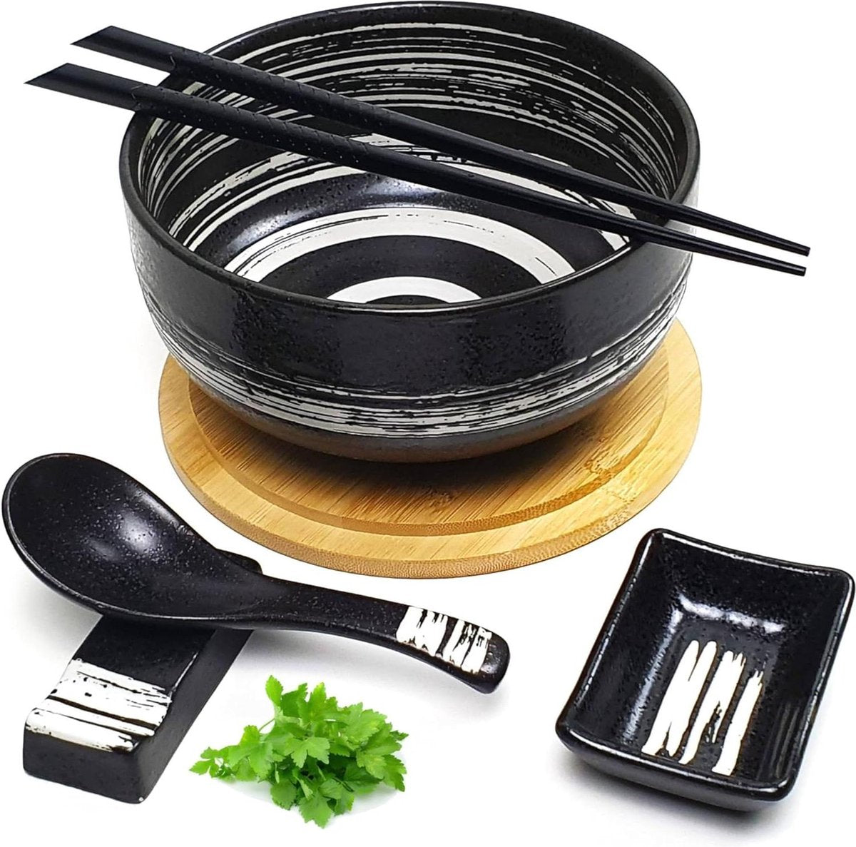 Premium hand-painted ceramic bowls with lid - black and white - 1100 ml - Japanese design - for Buldak ramen noodles Pho Soba