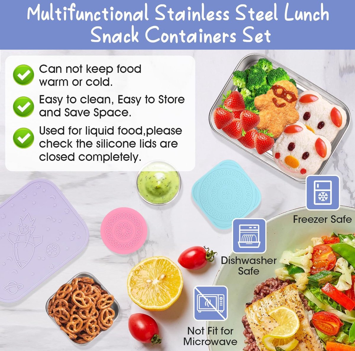3-delige roestvrijstalen Bento Box lunchboxset, 850 ml, lekvrij, broodtrommel voor volwassenen met siliconen deksel en beschermhoes, kleine metalen broodtrommel, lunchboxen, sausbeker,