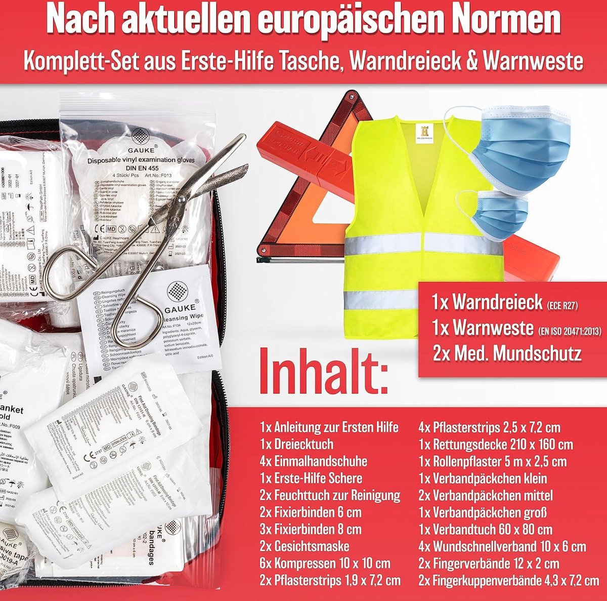 Combinatie volgens huidige norm 2024 - gevarendriehoek veiligheidsvest - verbanddoos set DIN 13164:2022 autoverbandtrommel auto accessoires