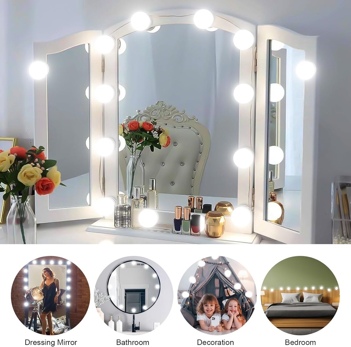 LED-make-uptafel, Hollywood, kaptafel met 14 lampen, kaptafel, dimbaar, USB, make-uplamp met 3 kleuren (spiegel en adapter niet inbegrepen)