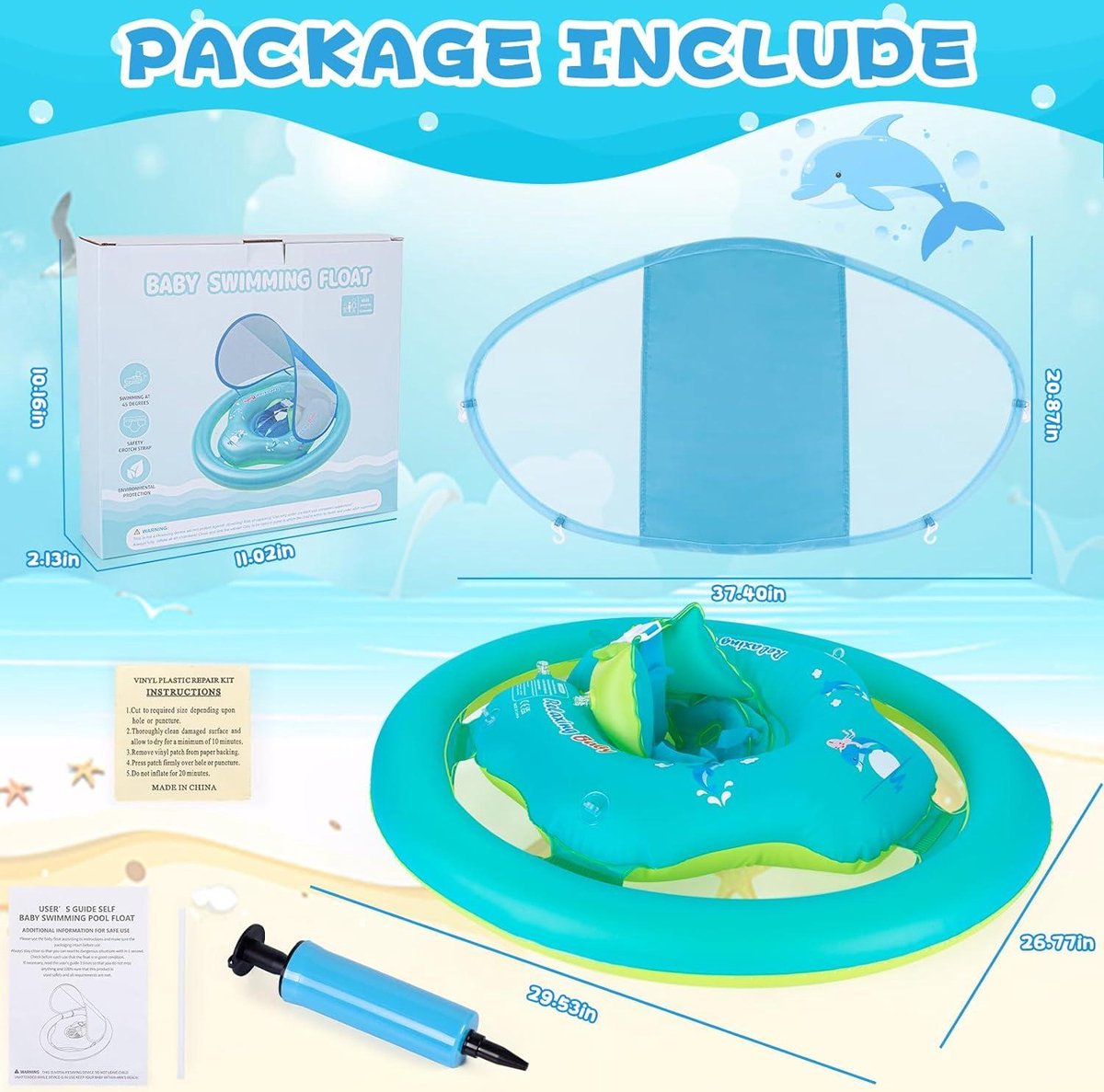 Baby Zwemring met Dubbele Luchtkamer en UPF50+ Zonnescherm - Verstelbare Opblaasbare Zwemzit - Zwemtrainer Float voor Peuters van 6-36 Maanden
