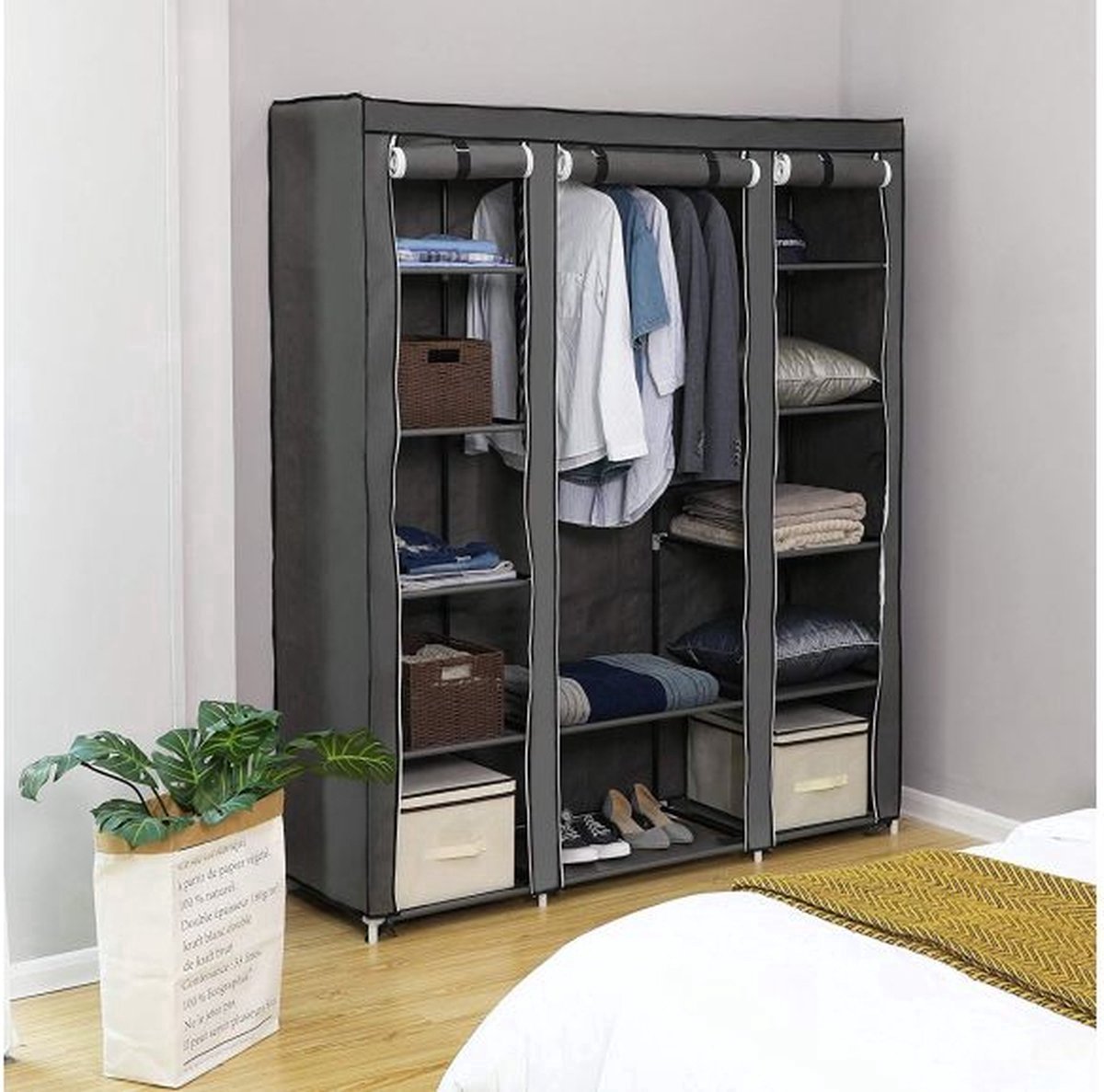 LG Life’s Green Folding Wardrobe – 143x44x169CM – Clothes Rack with 12 Shelves and Hanging Rail – Fabric Wardrobe – 225KG Load Capacity – Grey