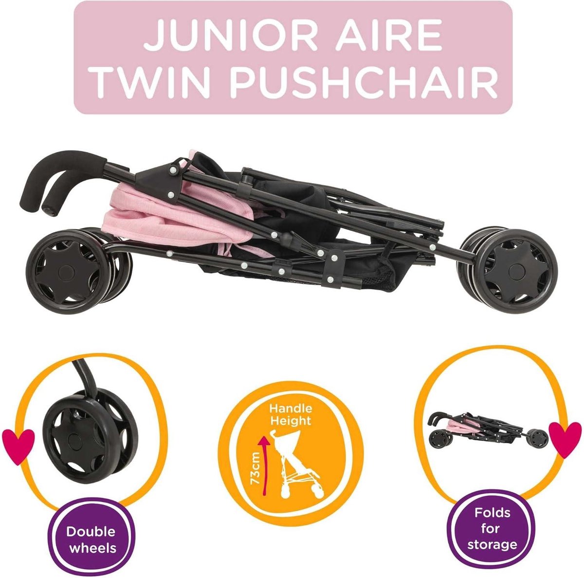 Joie Aire Twin kinderwagen zwart roze | Dubbele kinderwagen voor kinderen | Opvouwbare kinderwagen voor rollenspel poppen buggy Duo kinderwagen