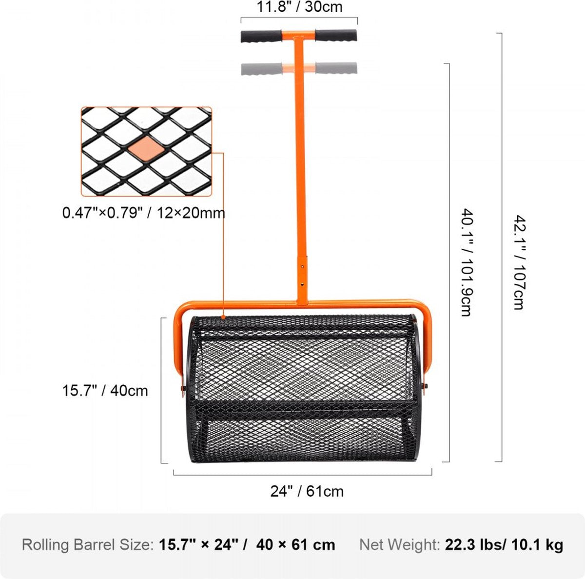Compoststrooier van staal Turfmosstrooier 1,27x2cm gaasmand Tuingazonstrooier Handgreeplengte verstelbaar van 62 tot 67,5cm 61cm metalen gaasmand Ideaal voor kunstmest zoals compostmestgrond veenmos