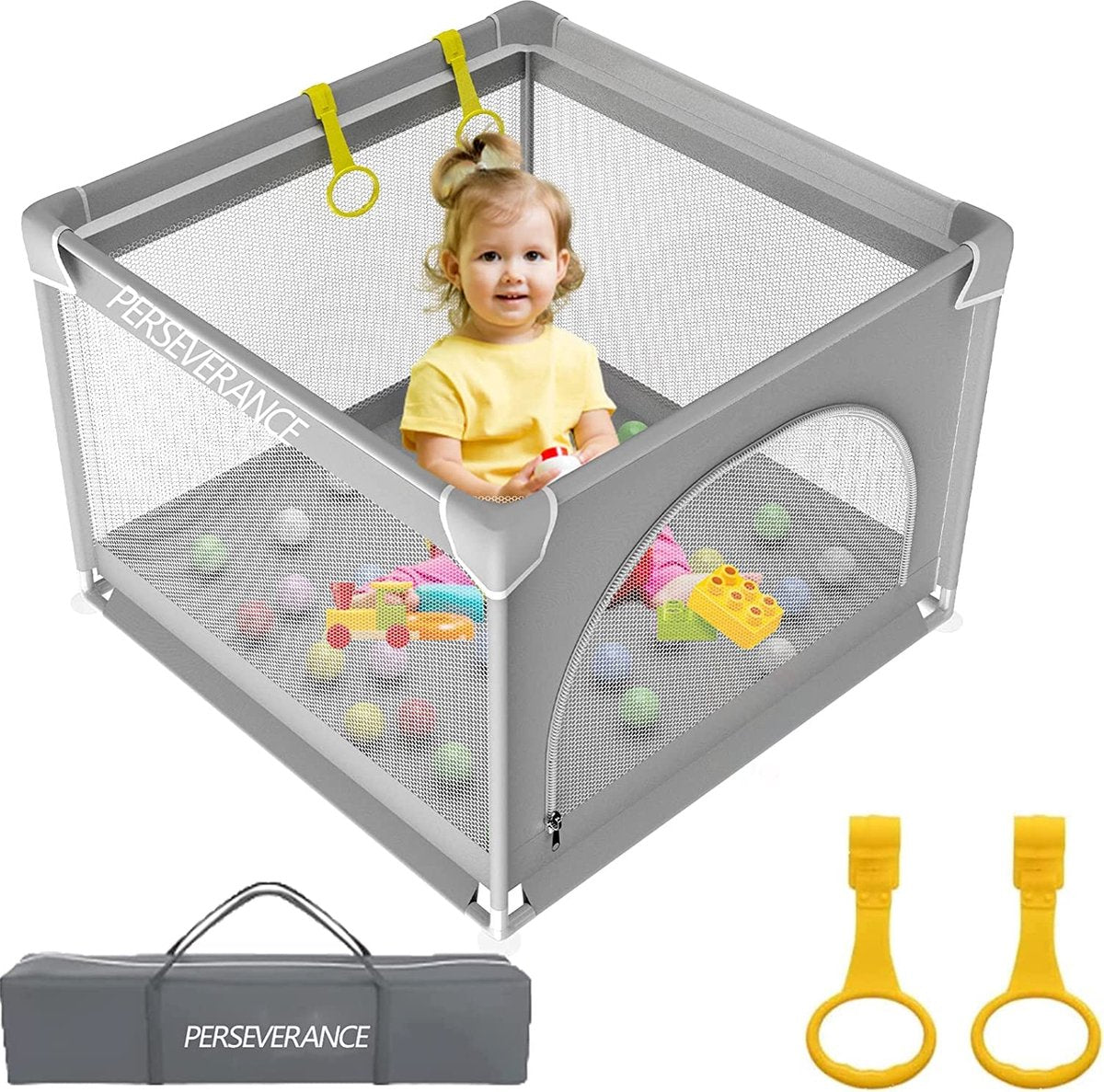 Box voor baby's 90 cm, Kleine box voor baby's met veiligheidsdeur, met ademend gaas, antislip box, babybox, opvouwbaar, stabiele veiligheidsspeeltuin voor binnen en buiten