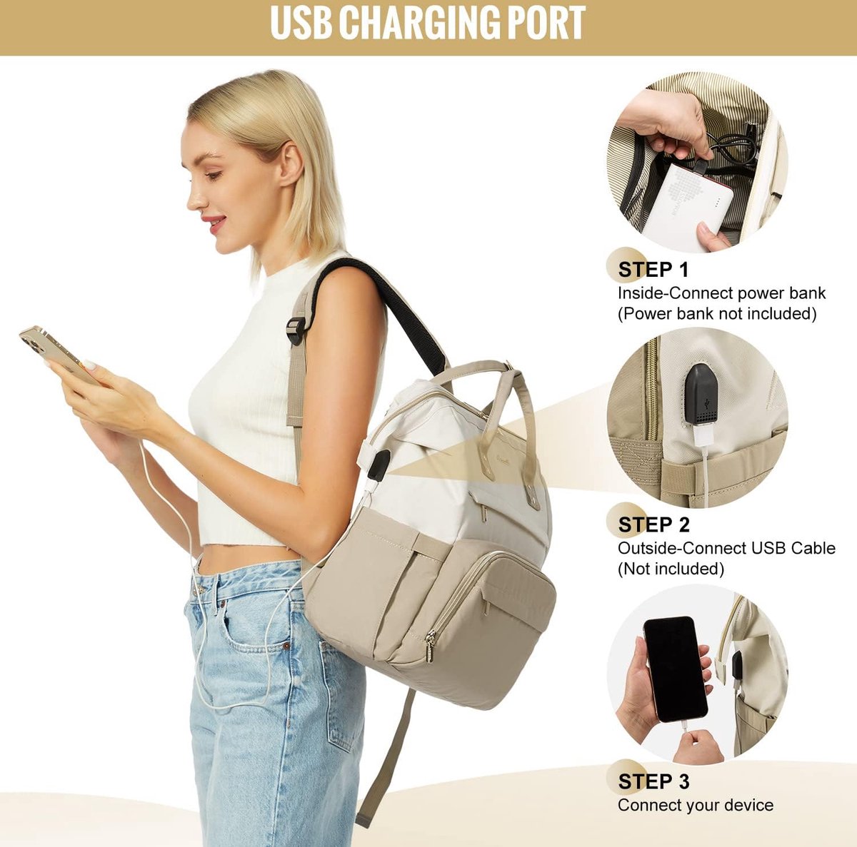 Laptop bag 17 inch - Beige - USB charging port - 43 × 15 × 32 - Waterproof backpack - Adult backpack