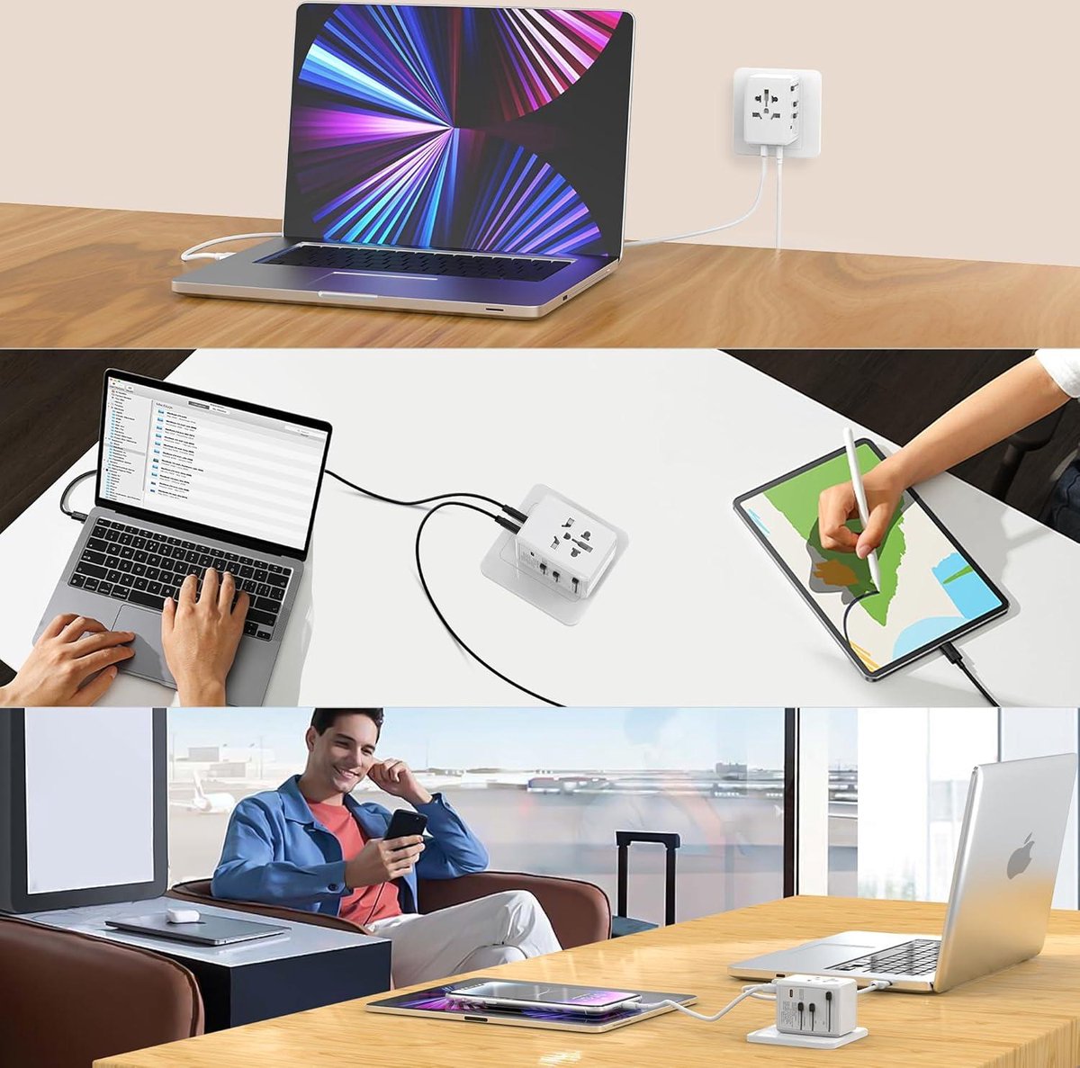 SAFEMORE PD 45 W snellaad-reisadapter - USB C - 5 poorten - AC-stopcontact - wereldwijd gebruik - wit